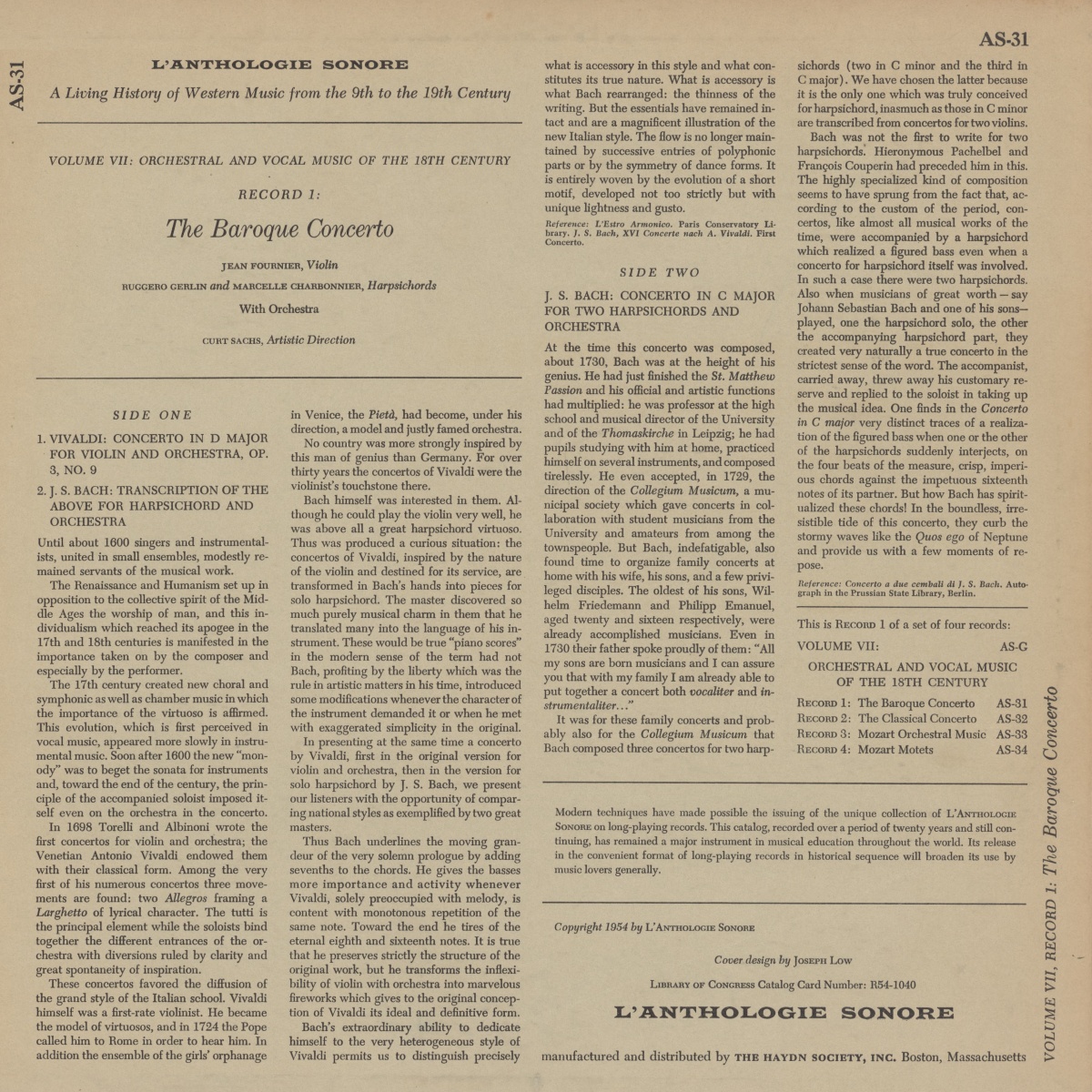 Verso de la pochette du disque The Haydn Society - Anthologie Sonore AS 31