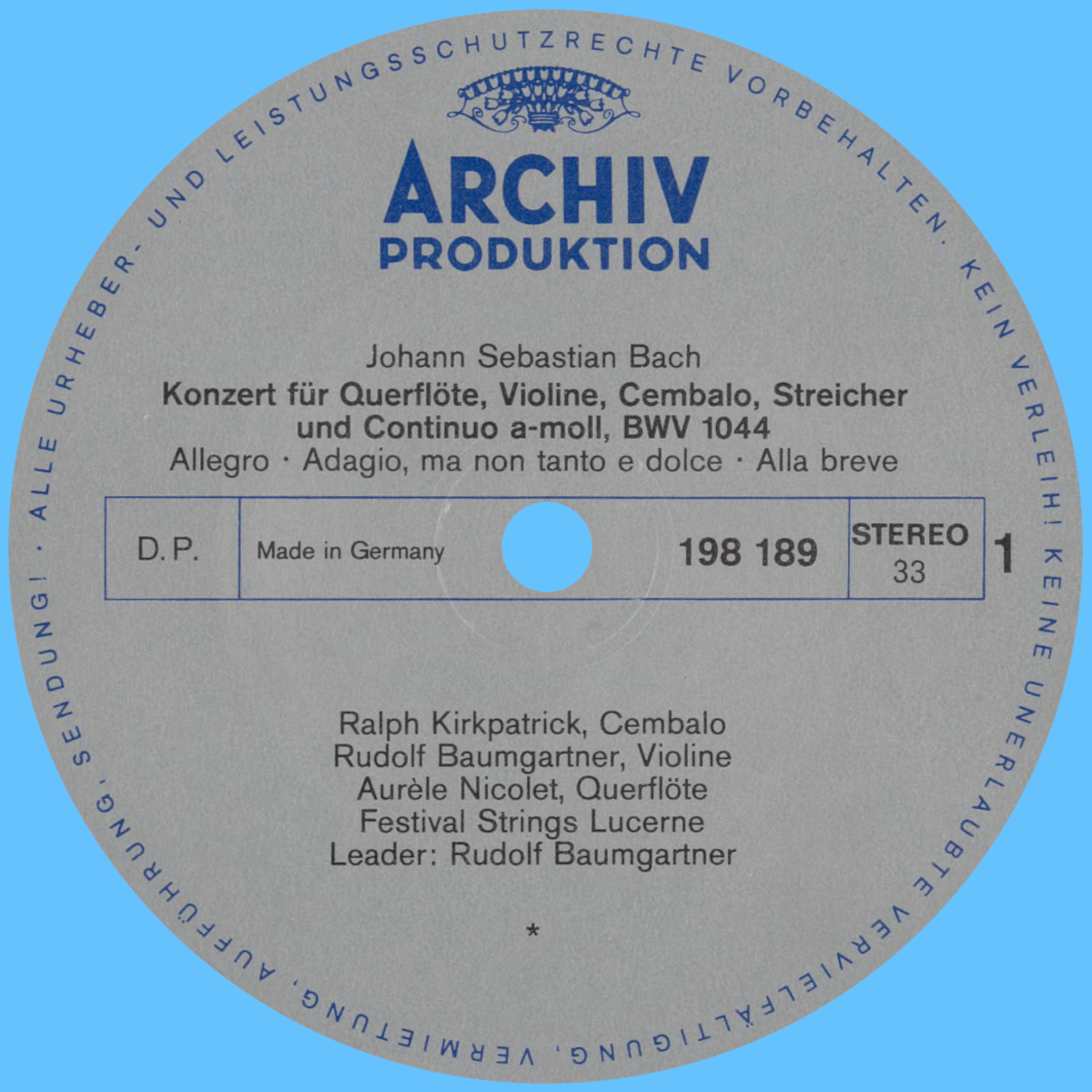 Étiquette recto du disque Archiv Produktion SAPM 198 189