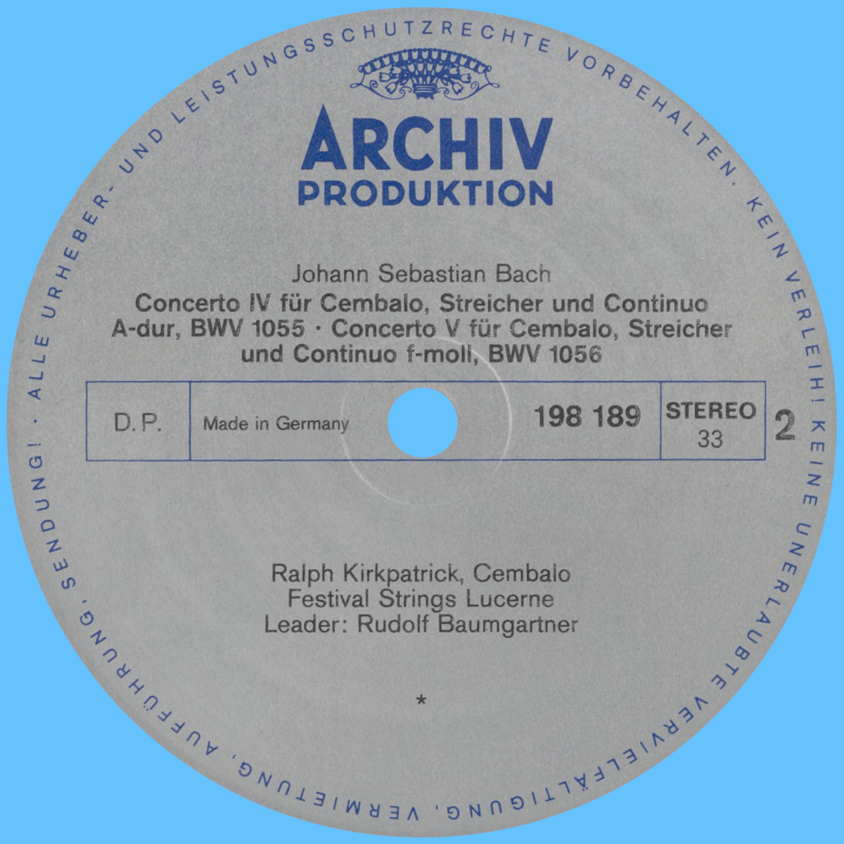 Étiquette verso du disque Archiv Produktion SAPM 198 189