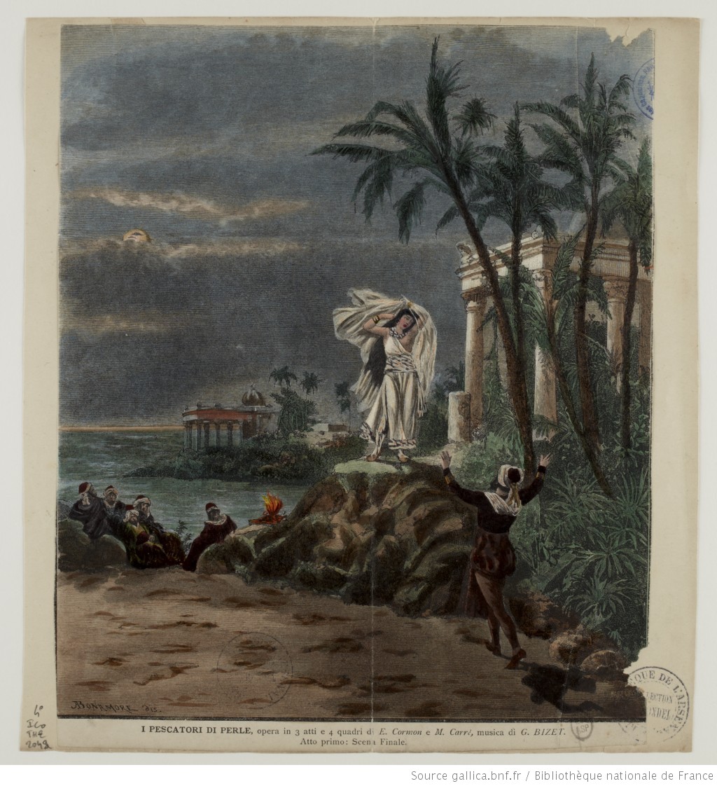 Georges Bizet, Les pêcheurs de perles, Scène finale du premier acte, Théâtre Lyrique de Paris, 30-09-1863, estampes. Copyright: domaine public, Ref. ark:/12148/btv1b84056636 (http://catalogue.bnf.fr/ark:/12148/cb42105264x), Bibliothèque nationale de France, Cliquer sur la photo pour voir l'original