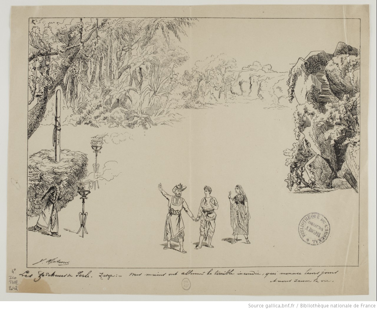 Georges Bizet, Les pêcheurs de perles, Deuxième tableau du 3e acte, scène Zurga a allumé l'incendie, Théâtre Lyrique de Paris, 30-09-1863, estampes. Copyright: domaine public, Ref. ark:/12148/btv1b84056636 (http://catalogue.bnf.fr/ark:/12148/cb42105264x), Bibliothèque nationale de France, Cliquer sur la photo pour voir l'original