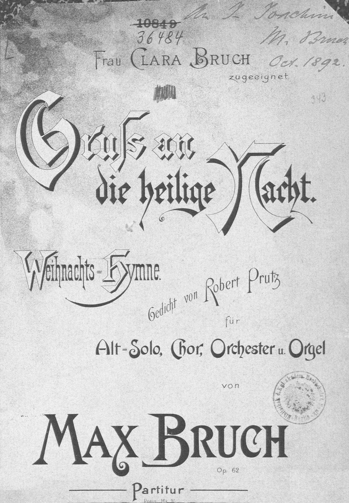 Page de couverture de la partition, 1ère édition de 1892 chez Simrock