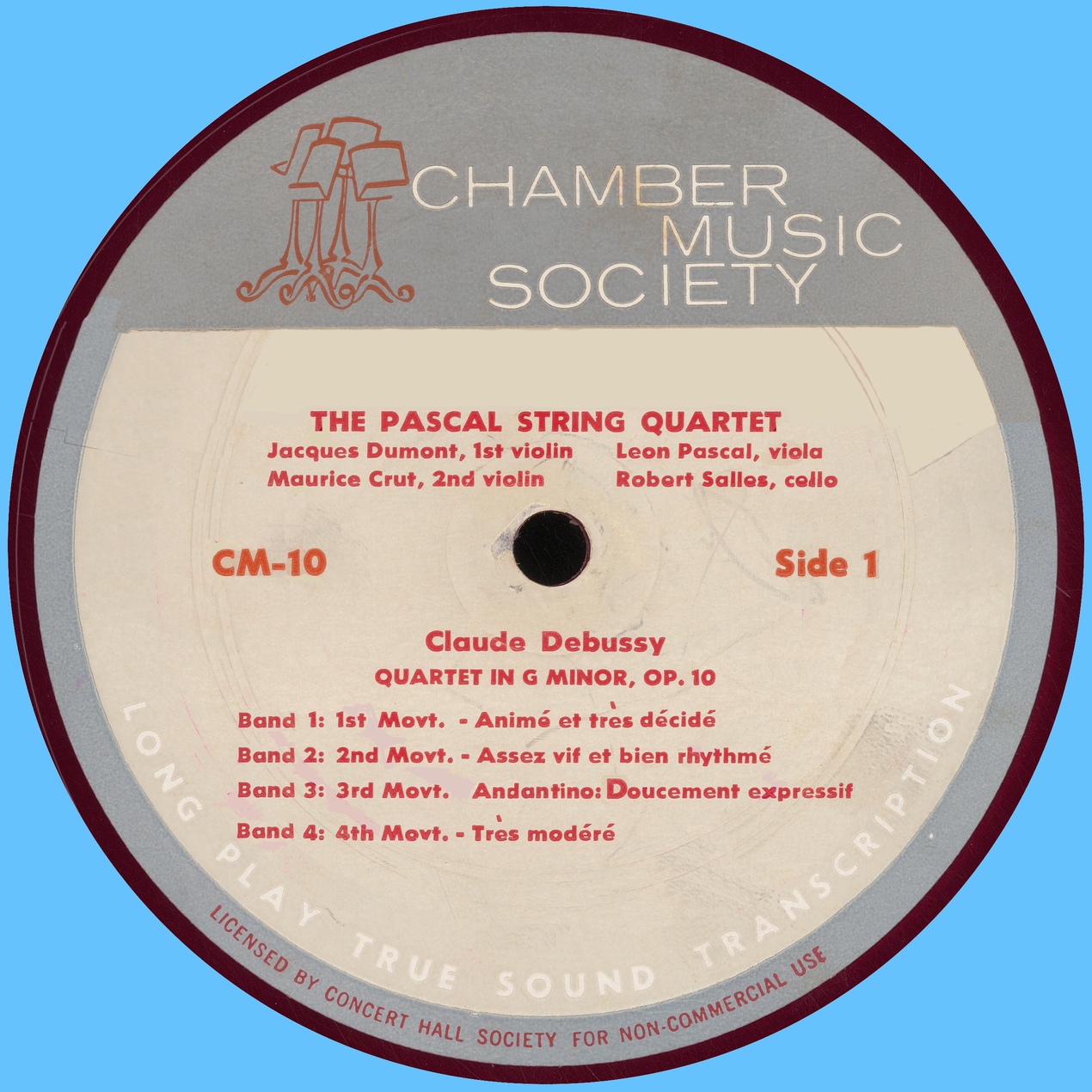 Étiquette recto du disque «Chamber Music Society» CM-10