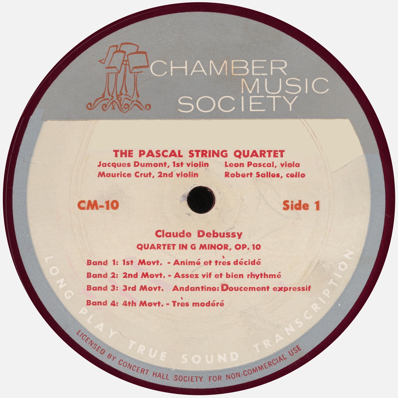 Étiquette recto du disque «Chamber Music Society» CM-10