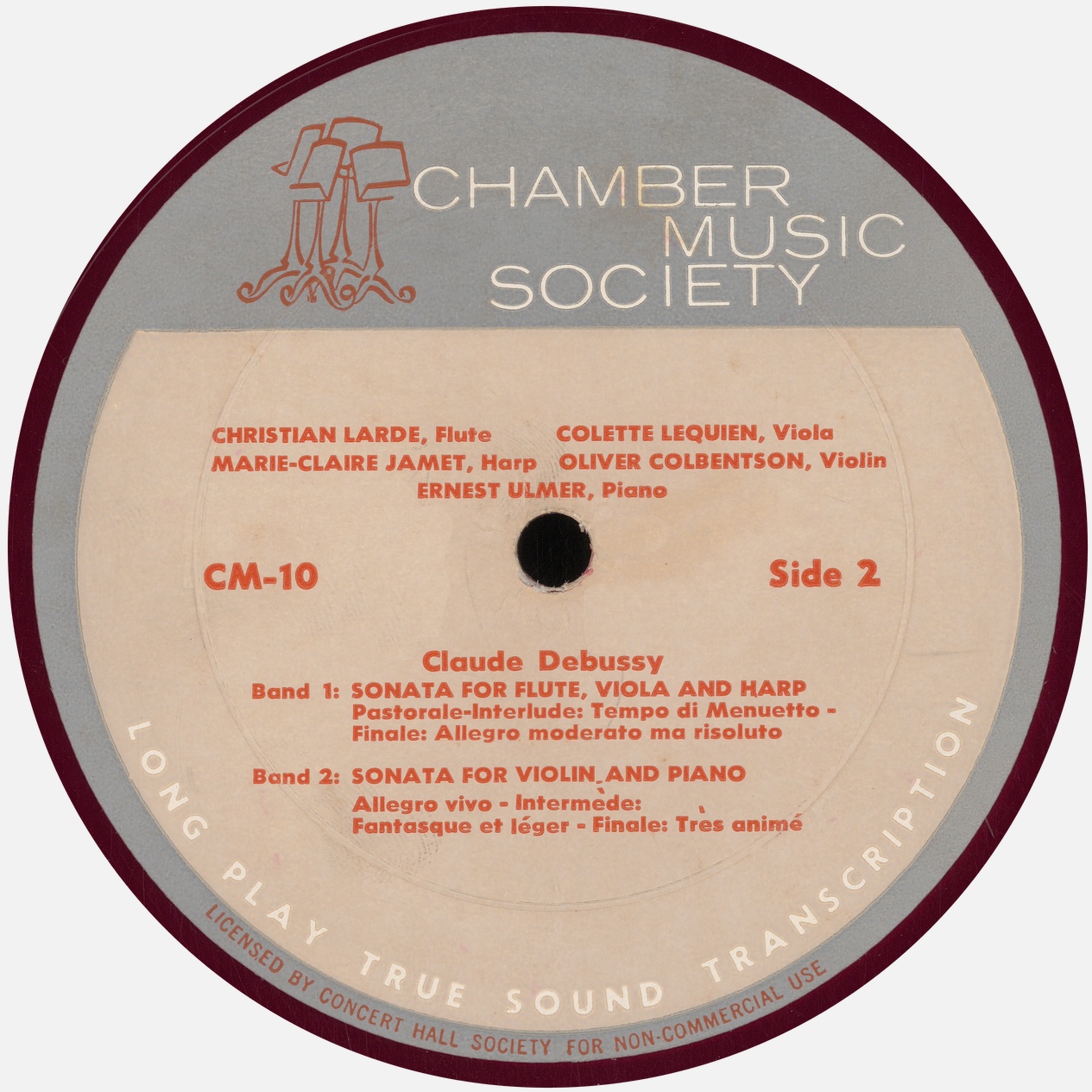 Étiquette verso du disque «Chamber Music Society» CM-10