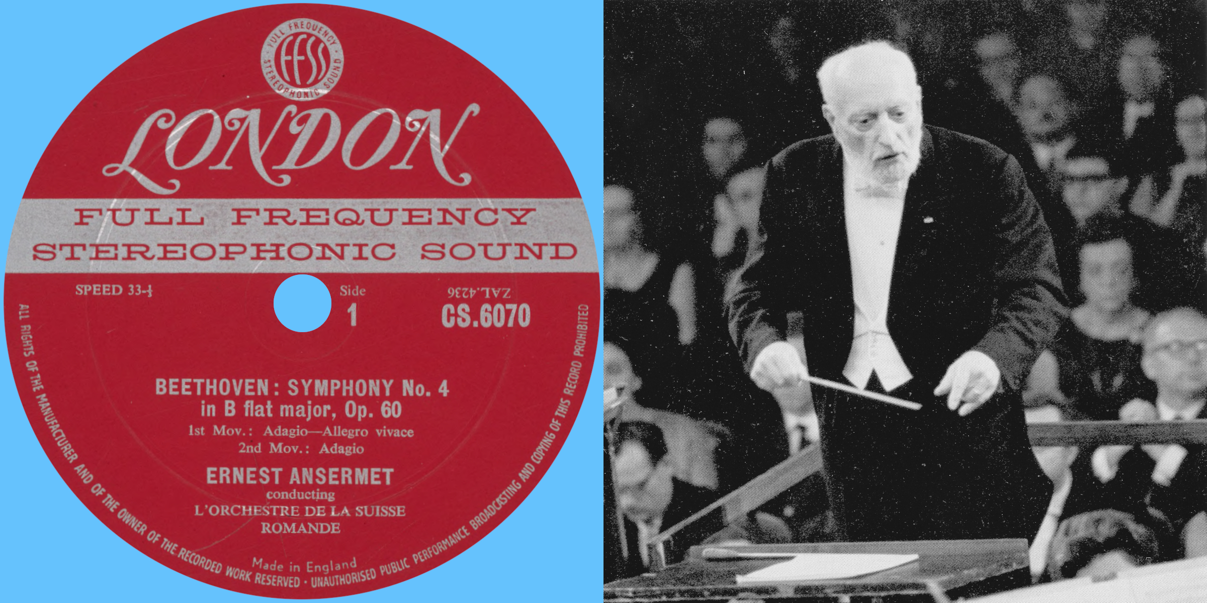 À gauche étiquette recto du disque Decca LONDON CS 6070, à droite un instantané d'Ernest ANSERMET en concert fait par Laszlo VÁMOS, date exacte et lieu inconnus