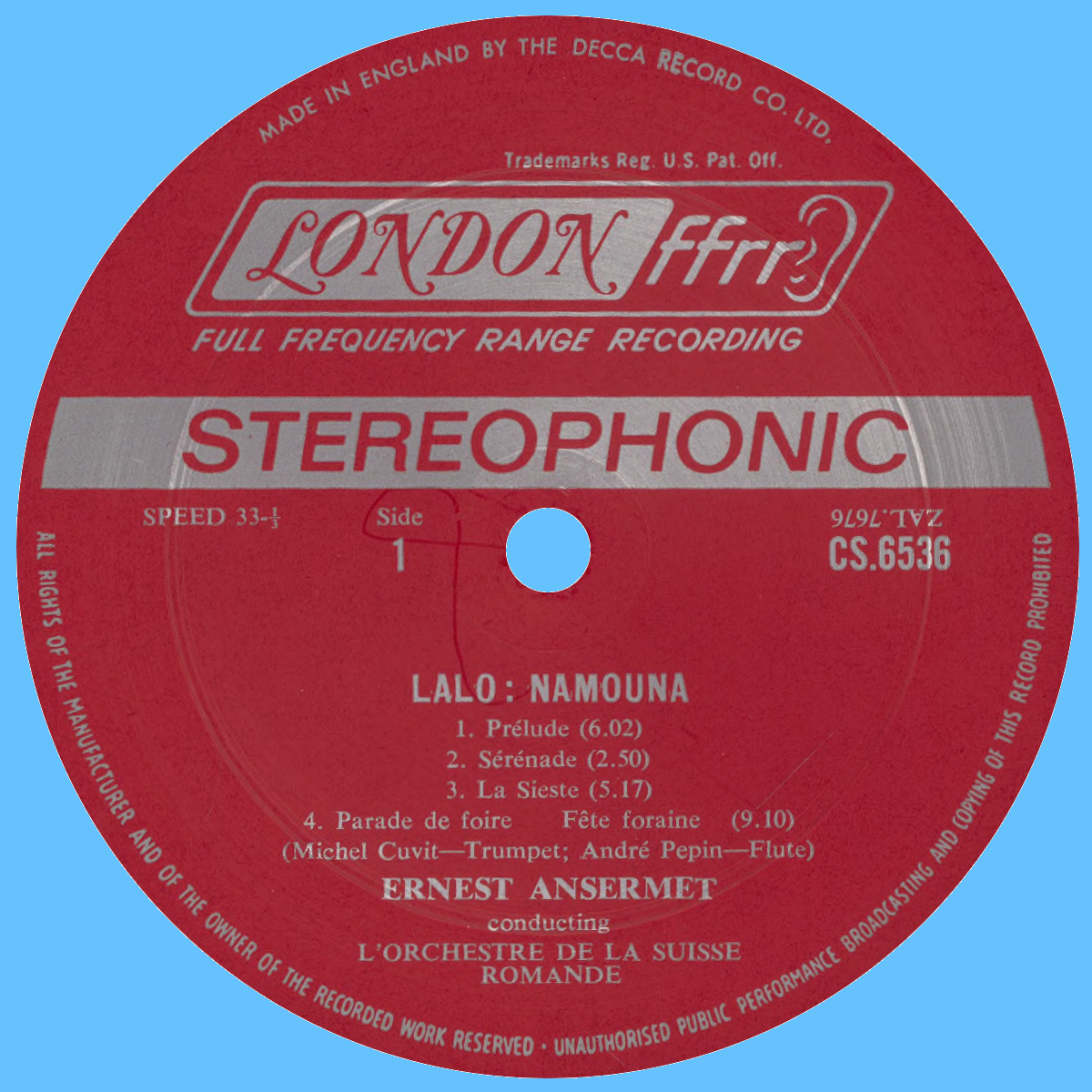 Étiquette recto du disque Decca London CS 6536