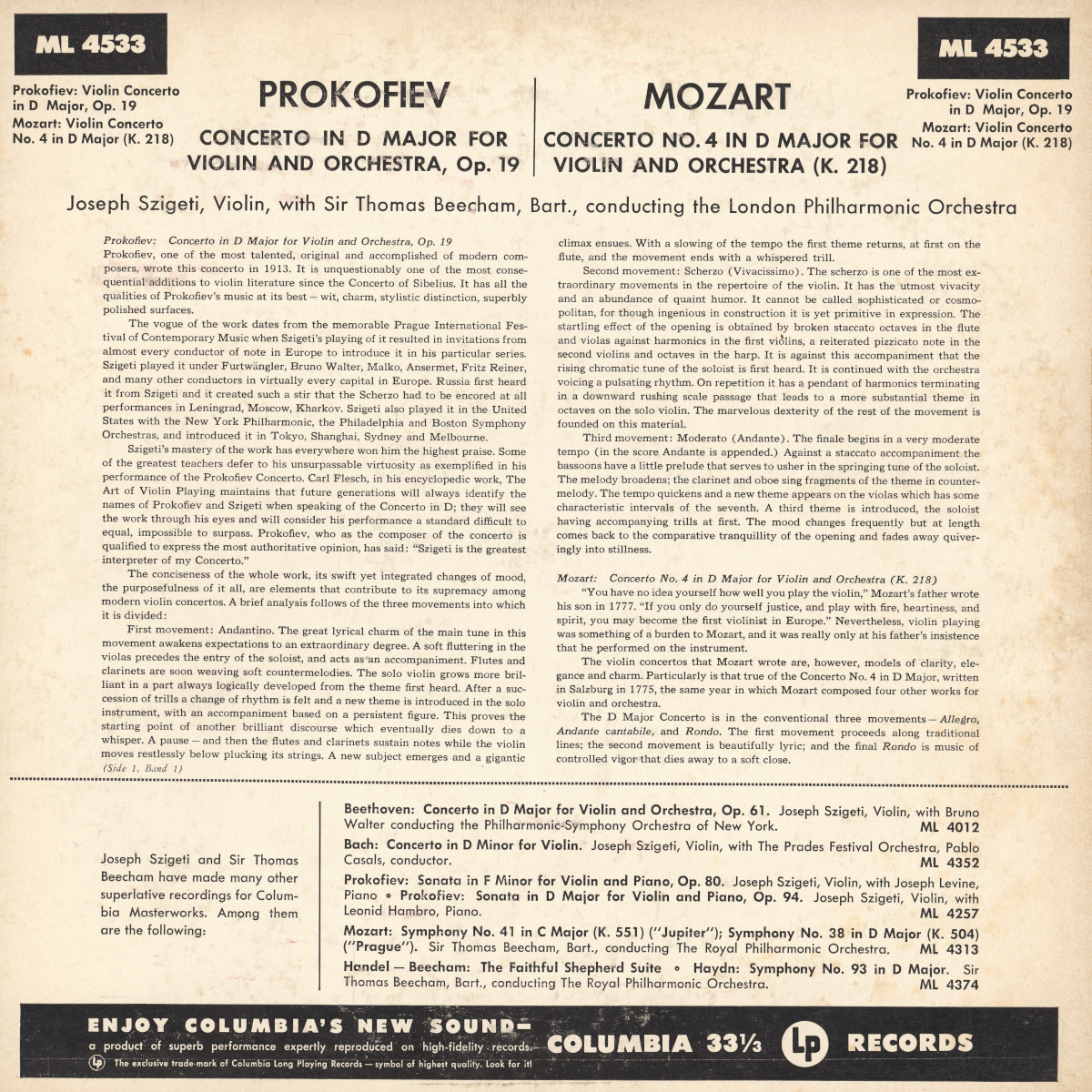 Verso de la pochette du disque Columbia ML 4533
