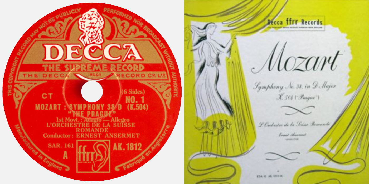 Étiquette d'un des 78 tours Decca AK 1812, recto de la pochette de l'album de 78 tours Decca EDA 91