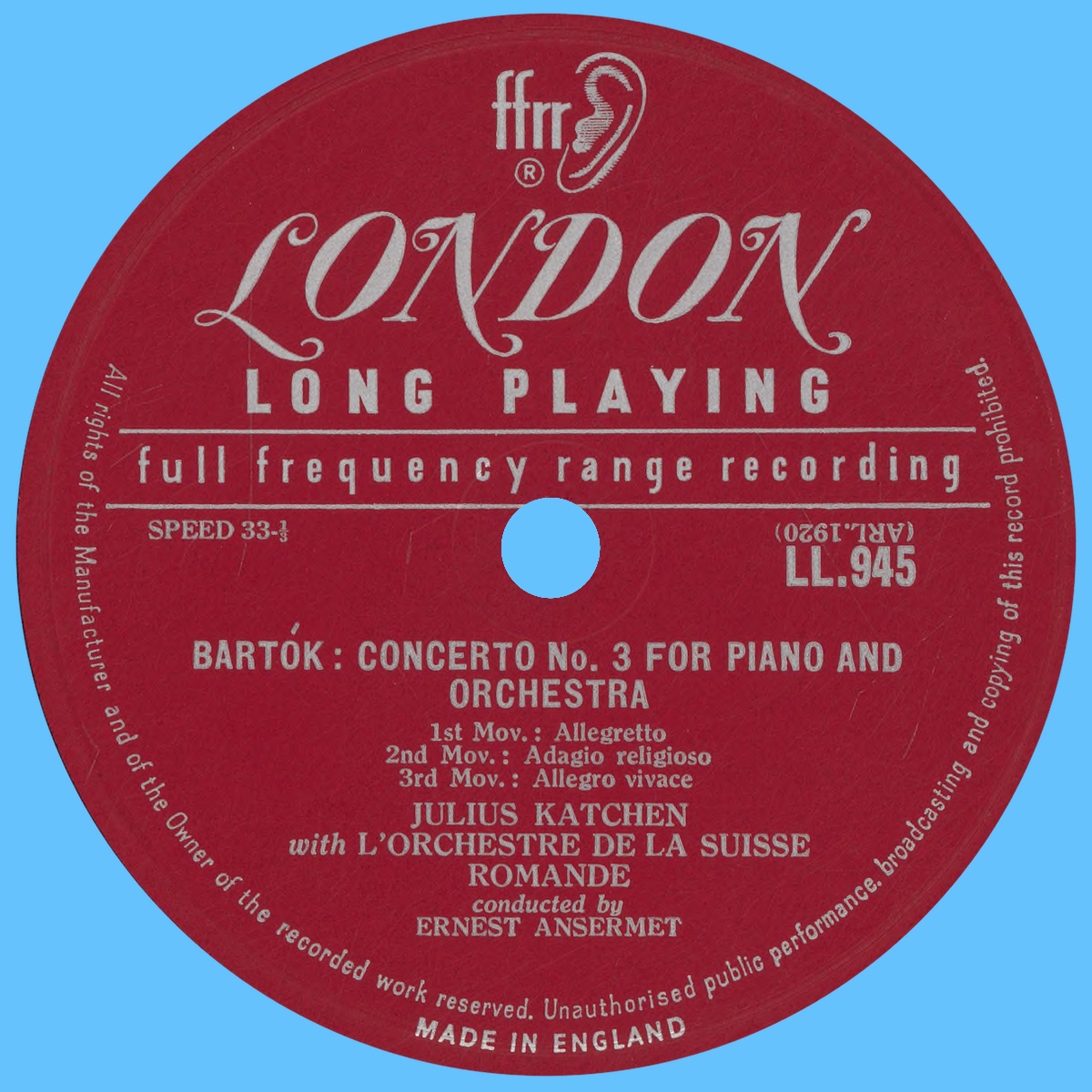 Étiquette recto du disque Decca LONDON LL 945