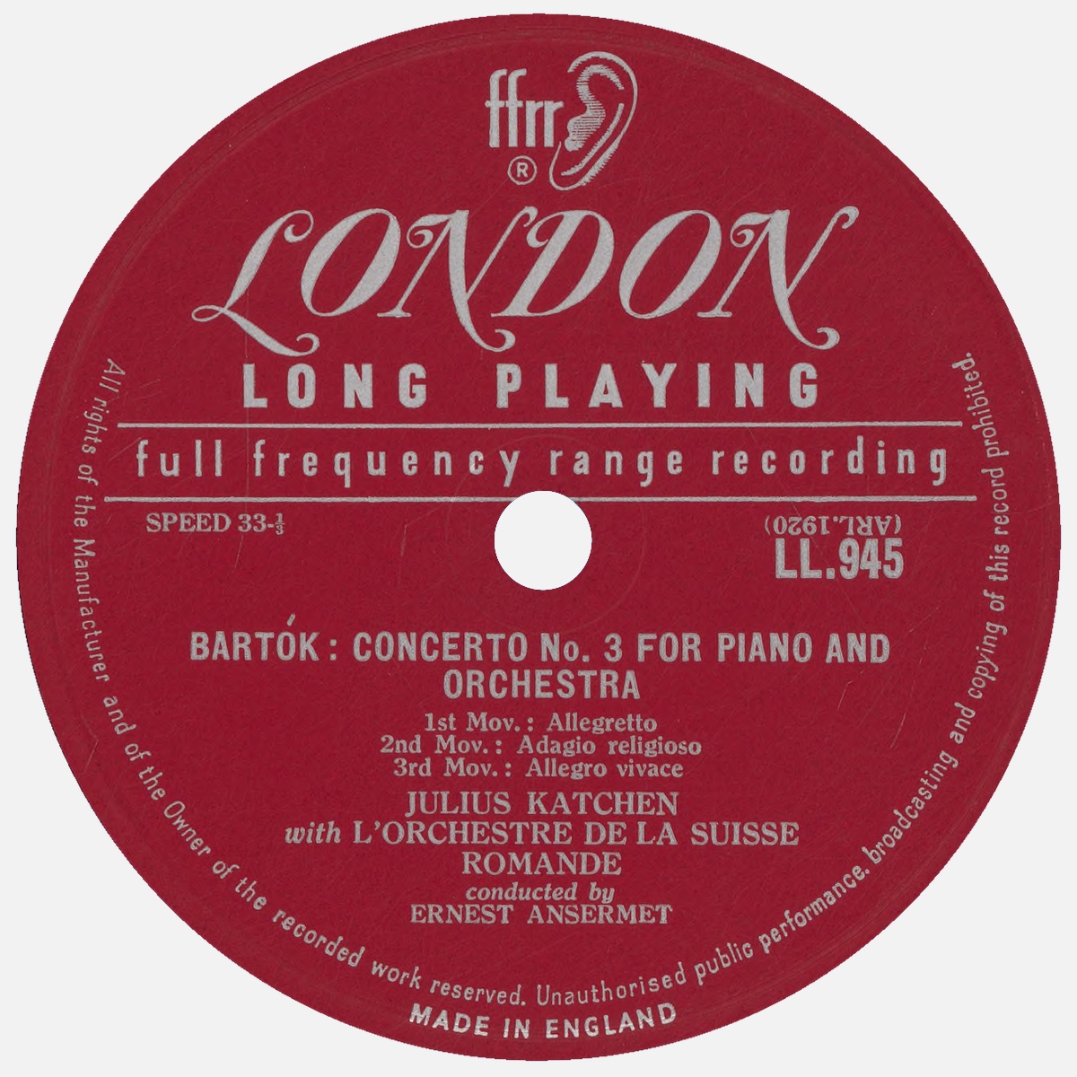 Étiquette recto du disque Decca LONDON LL 945