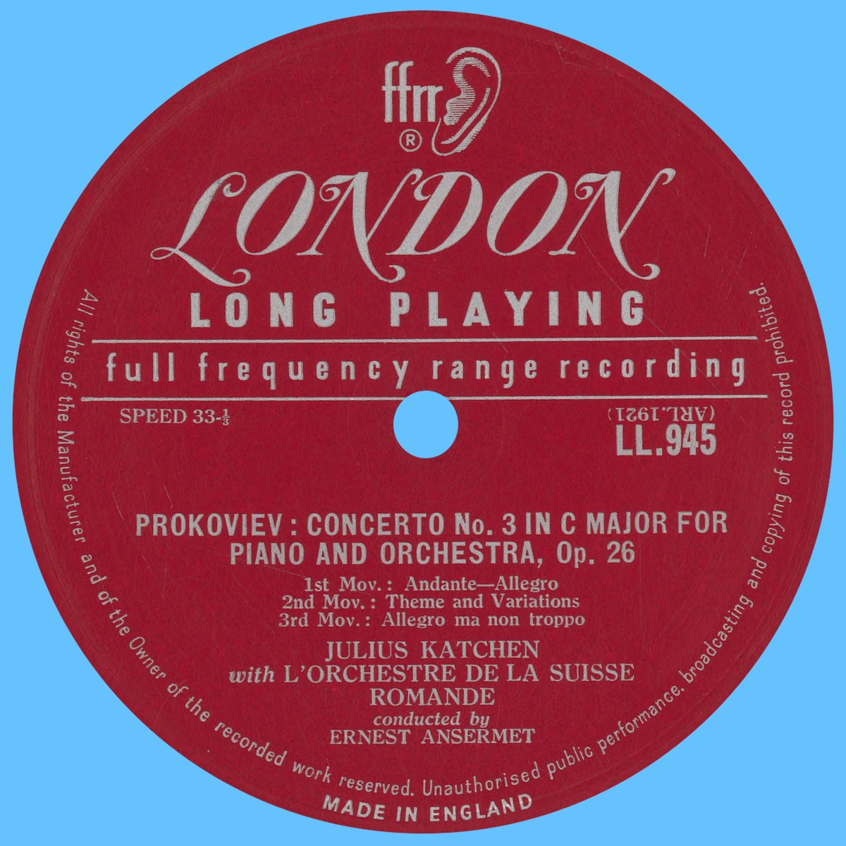 Étiquette verso du disque Decca LONDON LL 945
