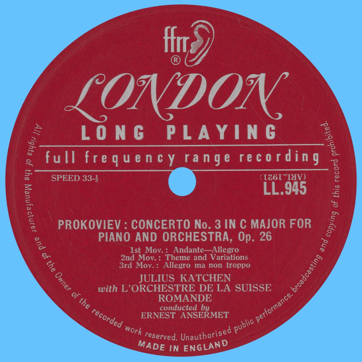 Étiquette verso du disque Decca LONDON LL 945