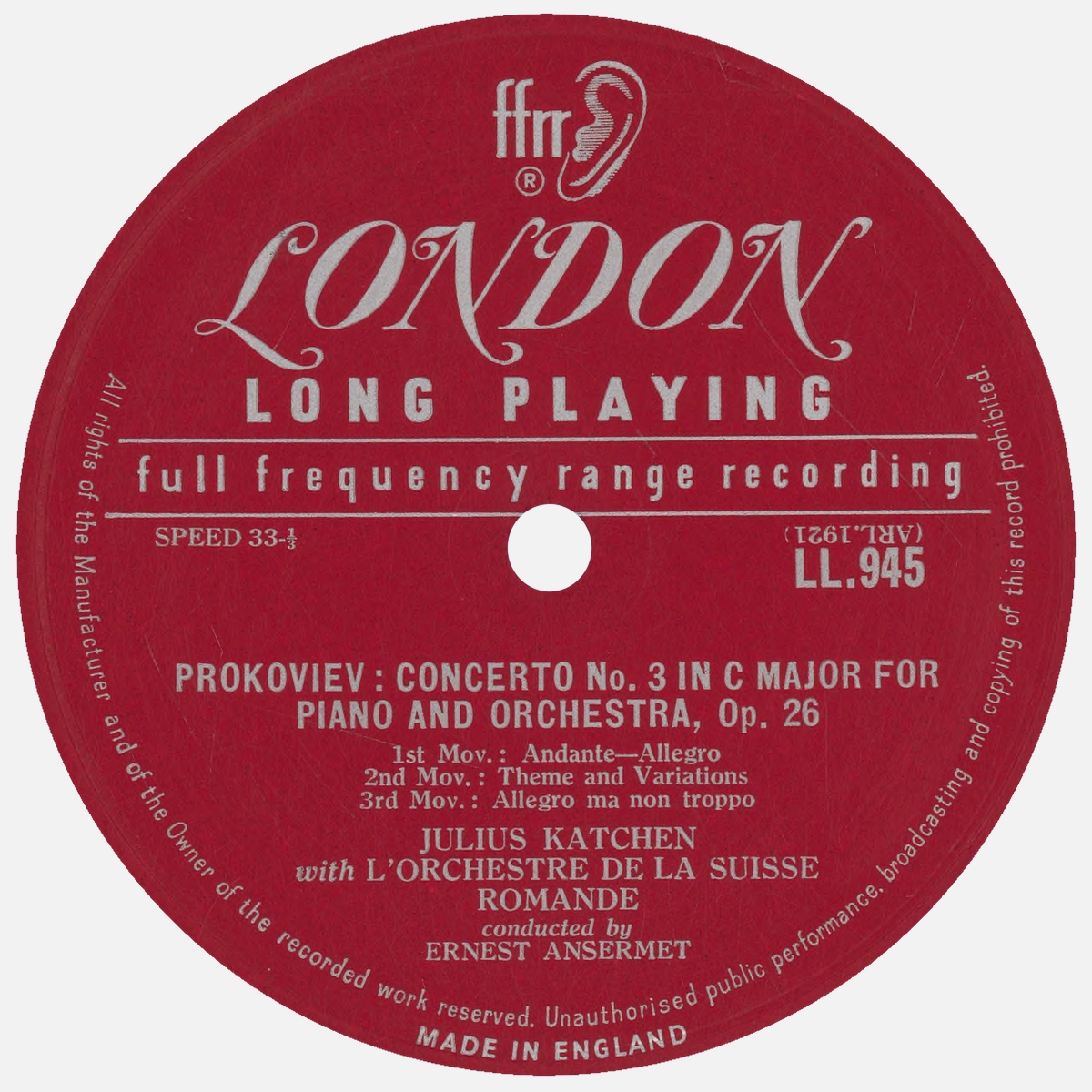 Étiquette verso du disque Decca LONDON LL 945