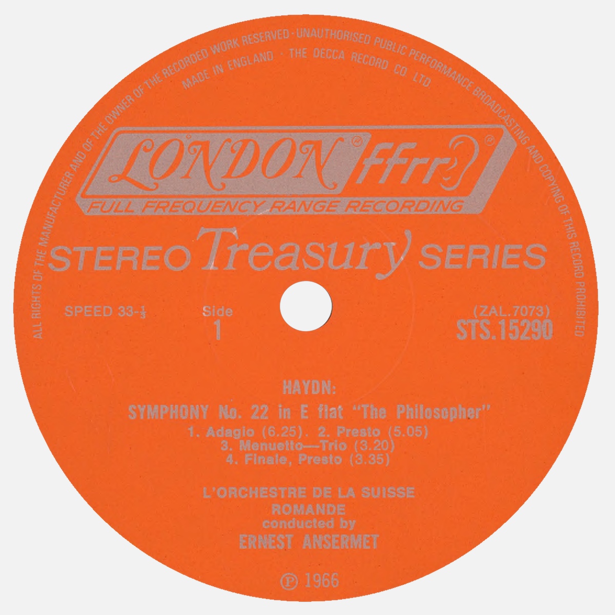 Étiquette recto du disque Decca LONDON STS 15290