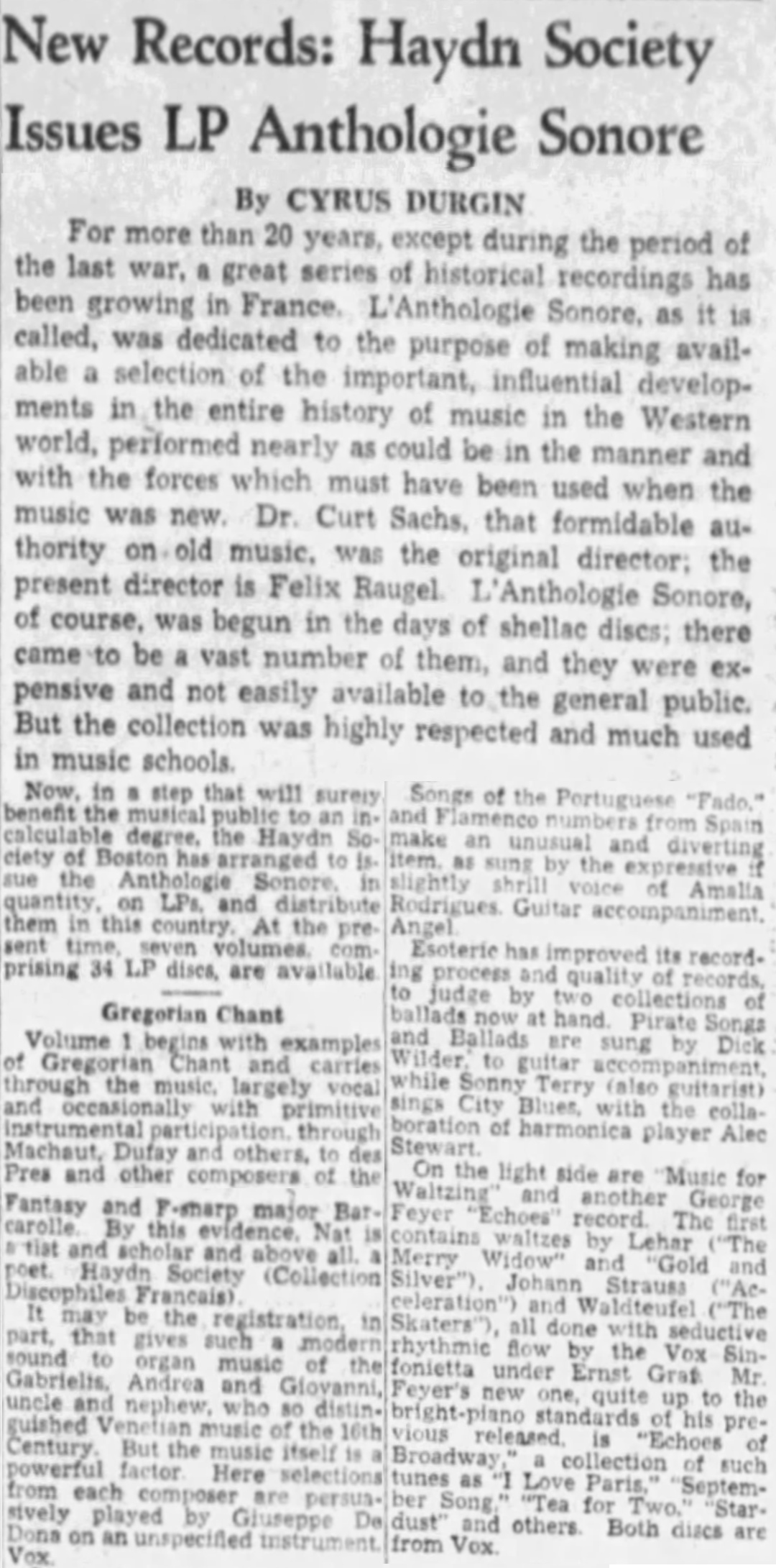 Cyrus DURGIN sur l'«Anthologie Sonore» publiée aus États-Unis par la «The Haydn Society, Inc.», cité du quotidien «The Boston Globe, 20 juin 1954, page 79