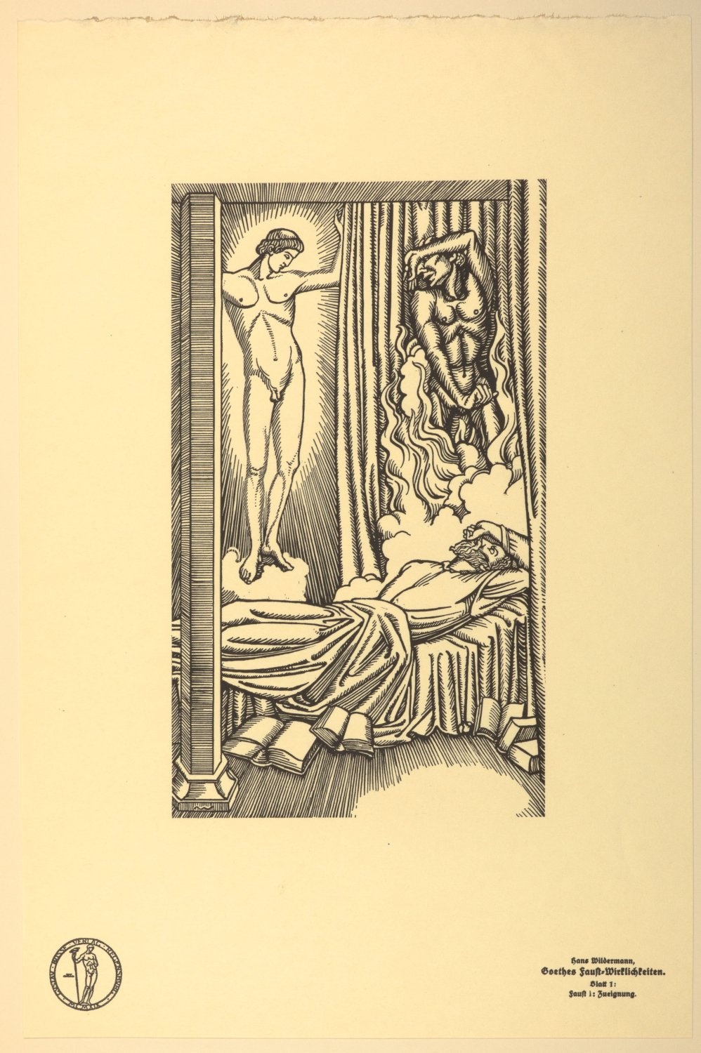 Faust, Zueignung, Gravure sur bois de Hans Wildermann, cité de la page https://goethehaus.museum-digital.de/singleimage.php?imagenr=2361 du site goethehaus.museum-digital.de, Cliquer sur la photo pour voir cette page