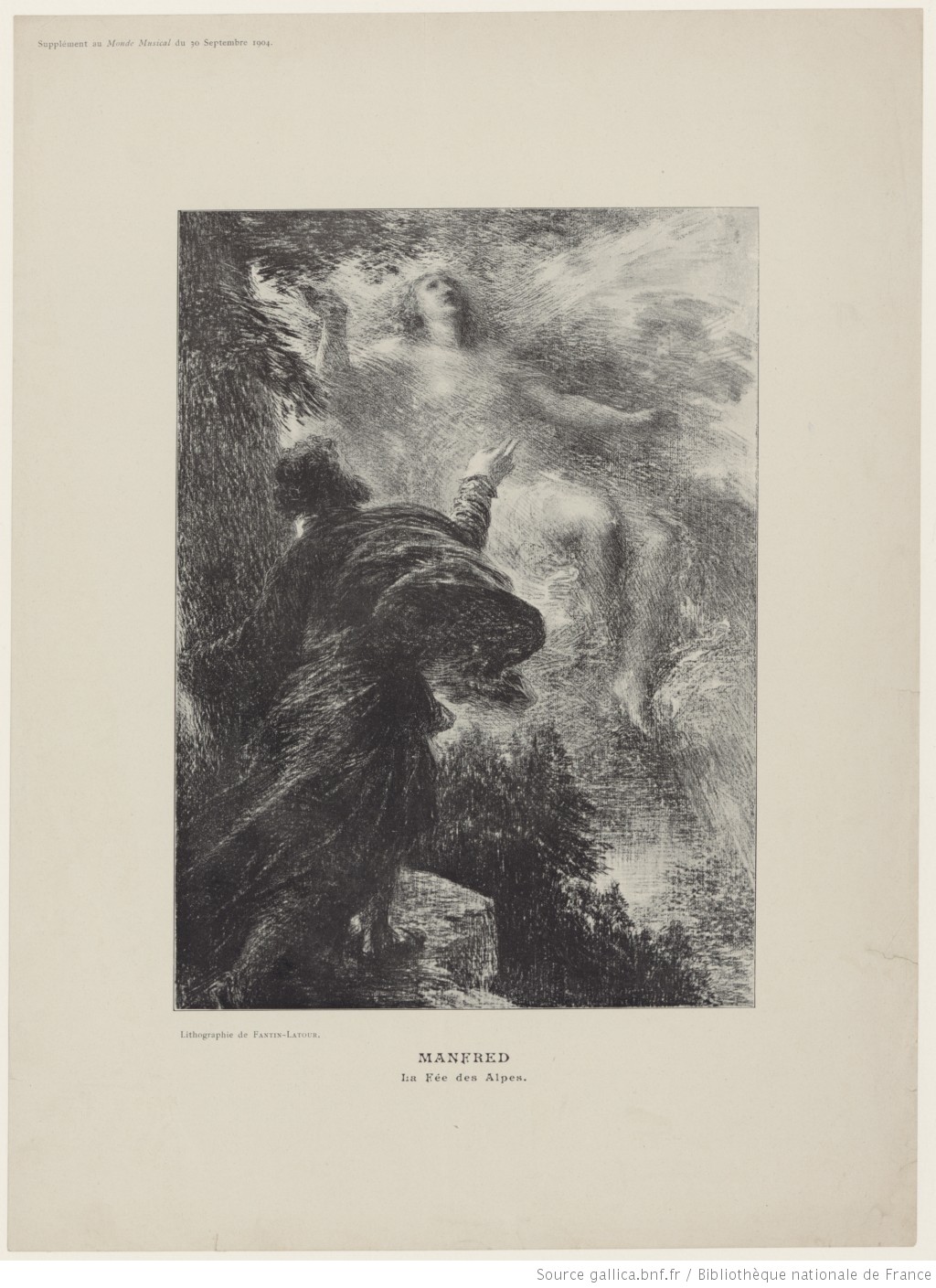 Manfred, la fée des Alpes, lithographie de Henri Fantin-Latour, 1904, Format:  1 impr. photoméc. (ill. de périodique): photogravure; 23,5 x 17 cm (tr. c.), Copyright: domaine public, ID ark:/12148/btv1b8424873h, Bibliothèque nationale de France, Cliquer sur la photo pour voir l'original et ses références