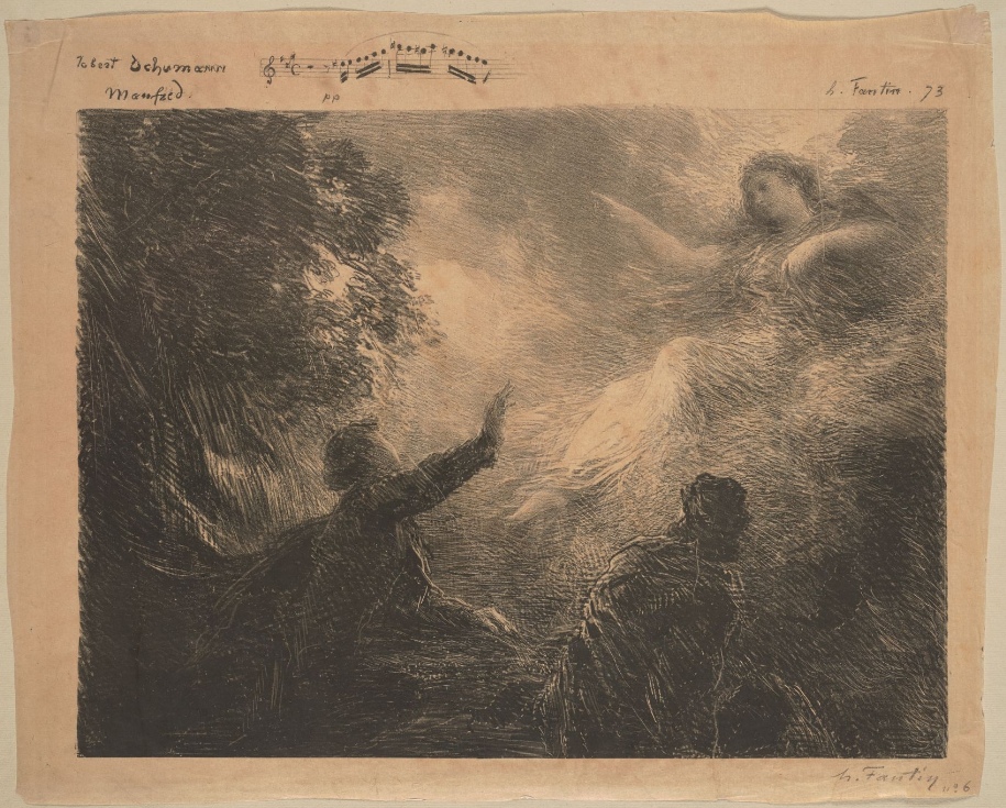 Manfred, la fée des Alpes, lithographie de Henri Fantin-Latour, 1873. Sur la gauche, il y a un amoncellement de rochers où poussent des buissons et d'où coule une cascade. Au premier plan, Manfred, de profil, lève le bras et prononce les mots ardents de l'évocation. Dans la poussière blanche de la cascade, la Fée des Alpes apparaît. Elle est vêtue de légers voiles et flotte, moitié couchée et moitié assise sur les nuages. En dessous d'elle, au premier plan, un personnage vu de dos. Cette scène appartient au No 6 «Rufung der Alpenfee»,  „Du schöner Geist mit deinem Haar“, du Manfred de Robert Schumann, Cliquer sur la photo pour voir l'original et ses références