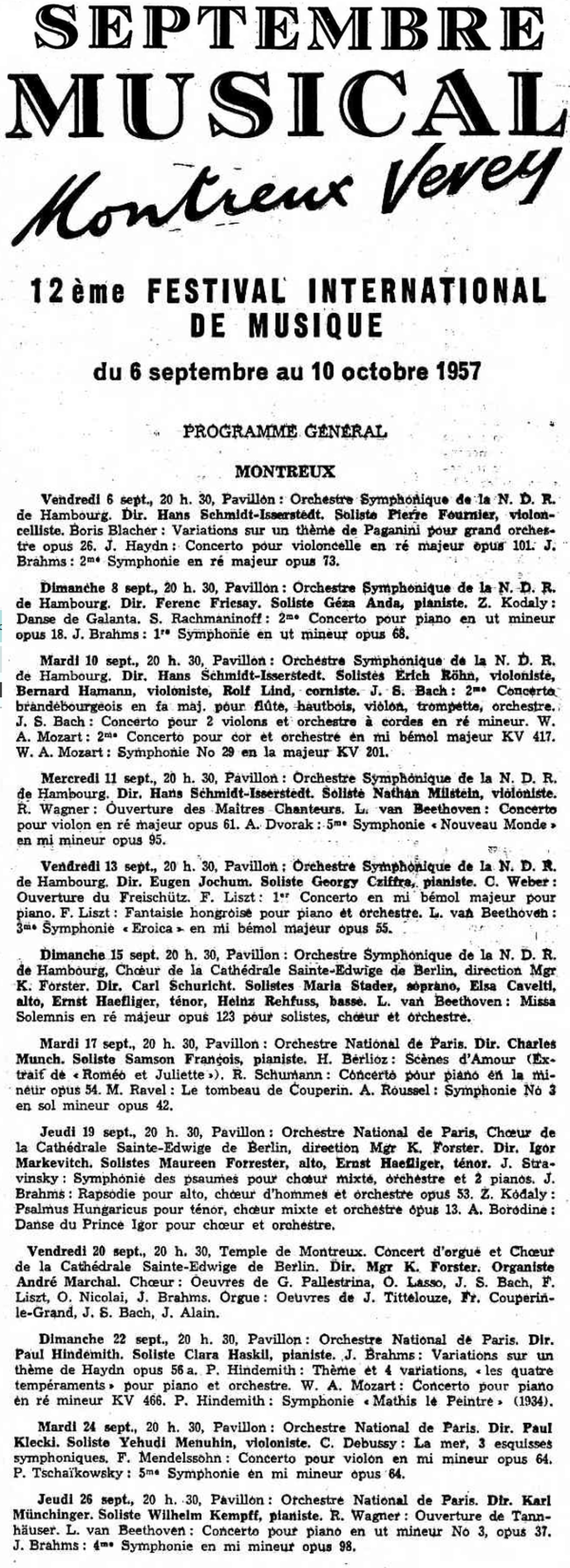 Programme général des concerts symphoniques, cité de la Gazette de Lausanne du 5 septembre 1957, page 4