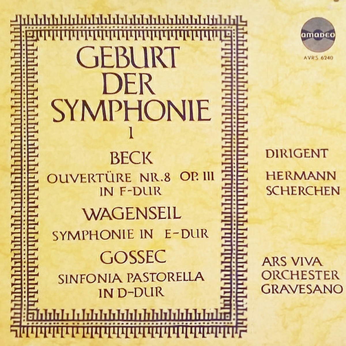 Recto de la pochette du disque Amadeo AVRS 6240, 1er volume de «Geburt der Symphonie»