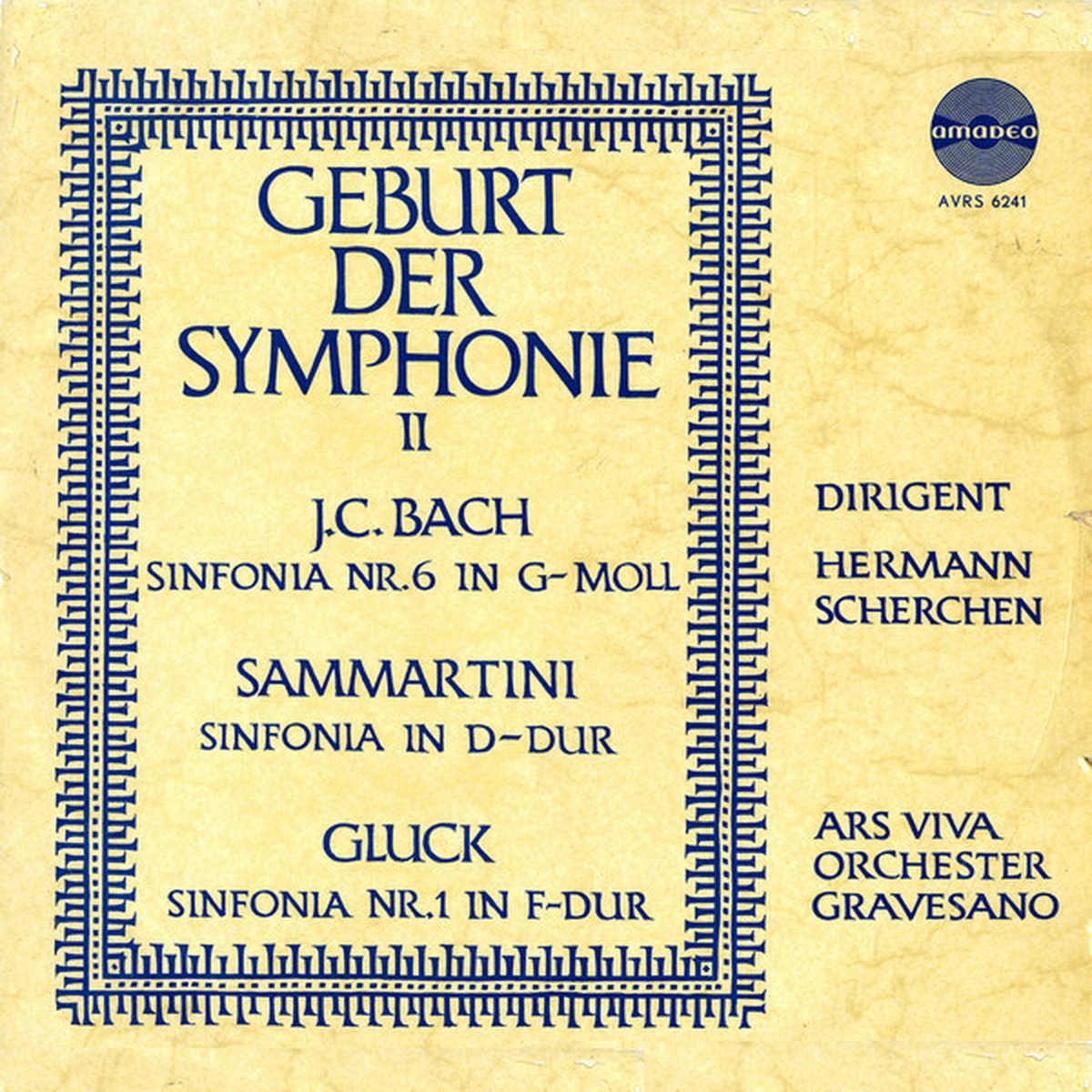 Recto de la pochette du disque Amadeo AVRS 6241, 2e volume de «Geburt der Symphonie»