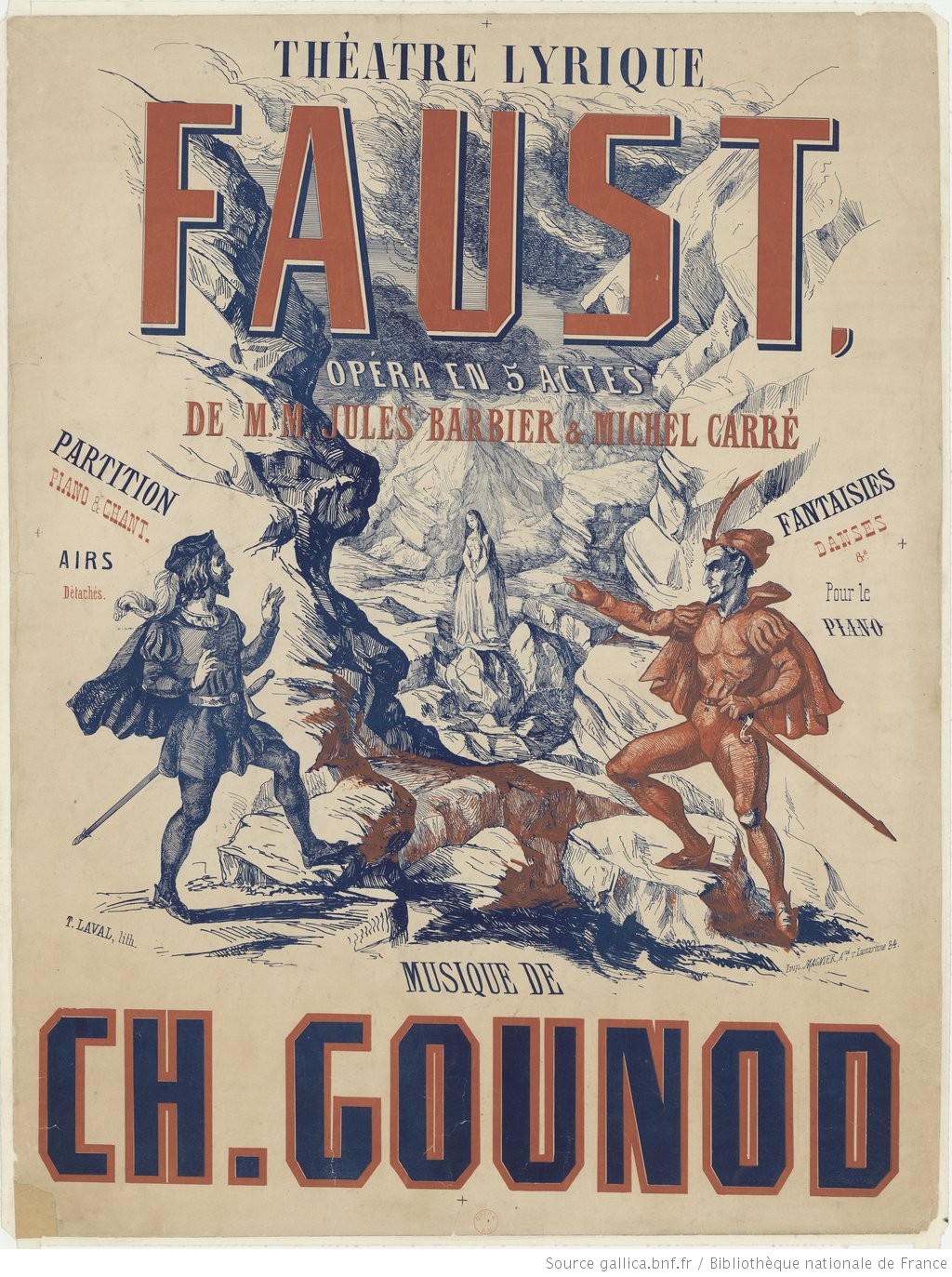 Théâtre Lyrique. Faust. Opéra en 5 actes de MM. Jules Barbier et Michel Carré, Musique de Ch. Gounod, lithographie de T. Laval,  imp. Magnier (Paris), 1859, Copyright:  domaine public, Identificativo: ark:/12148/btv1b531791953, Bibliothèque nationale de France, Cliquer sur la photo pour voir pour voir l'original et ses references