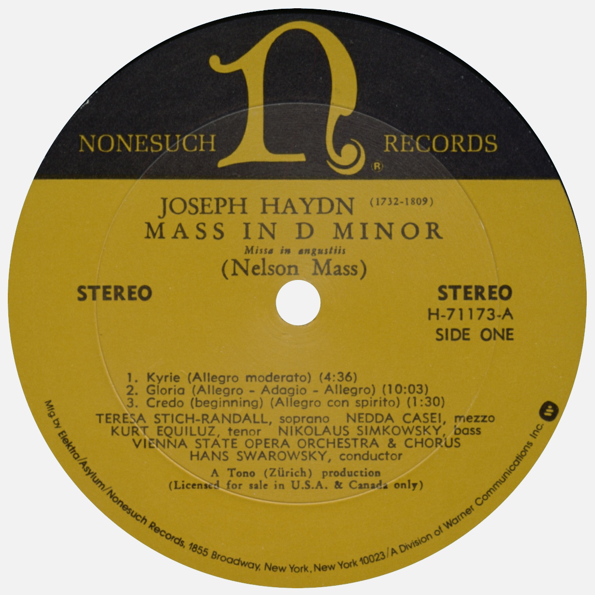 Nonesuch H 71173, étiquette recto, Cliquer sur la photo pour une vue agrandie