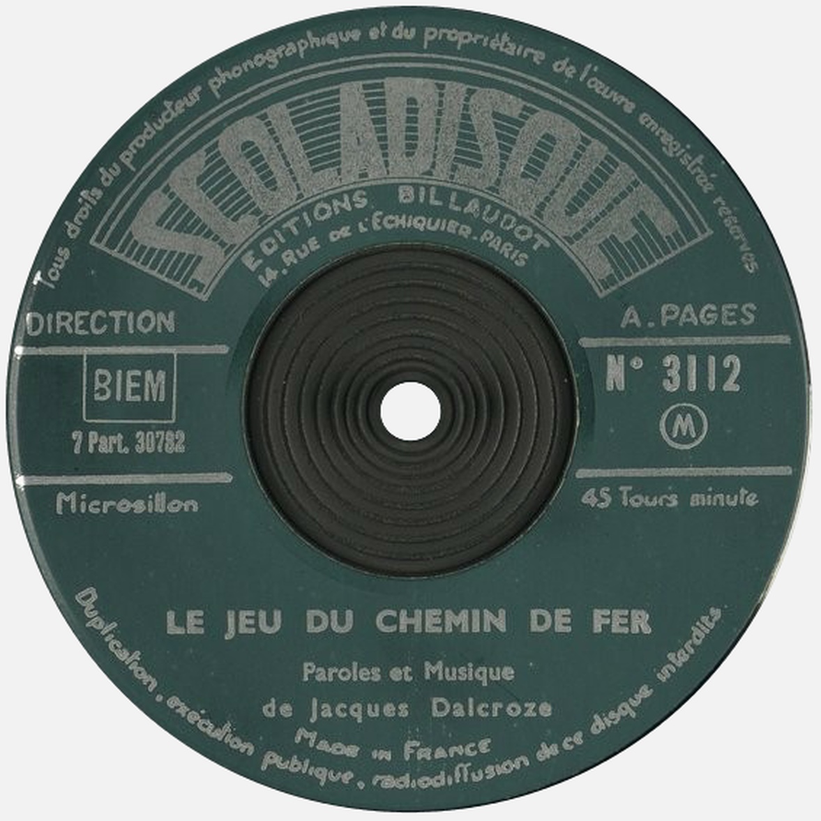 Étiquette verso du disque Scoladisque No 3112, Cliquer sur la photo pour une vue agrandie