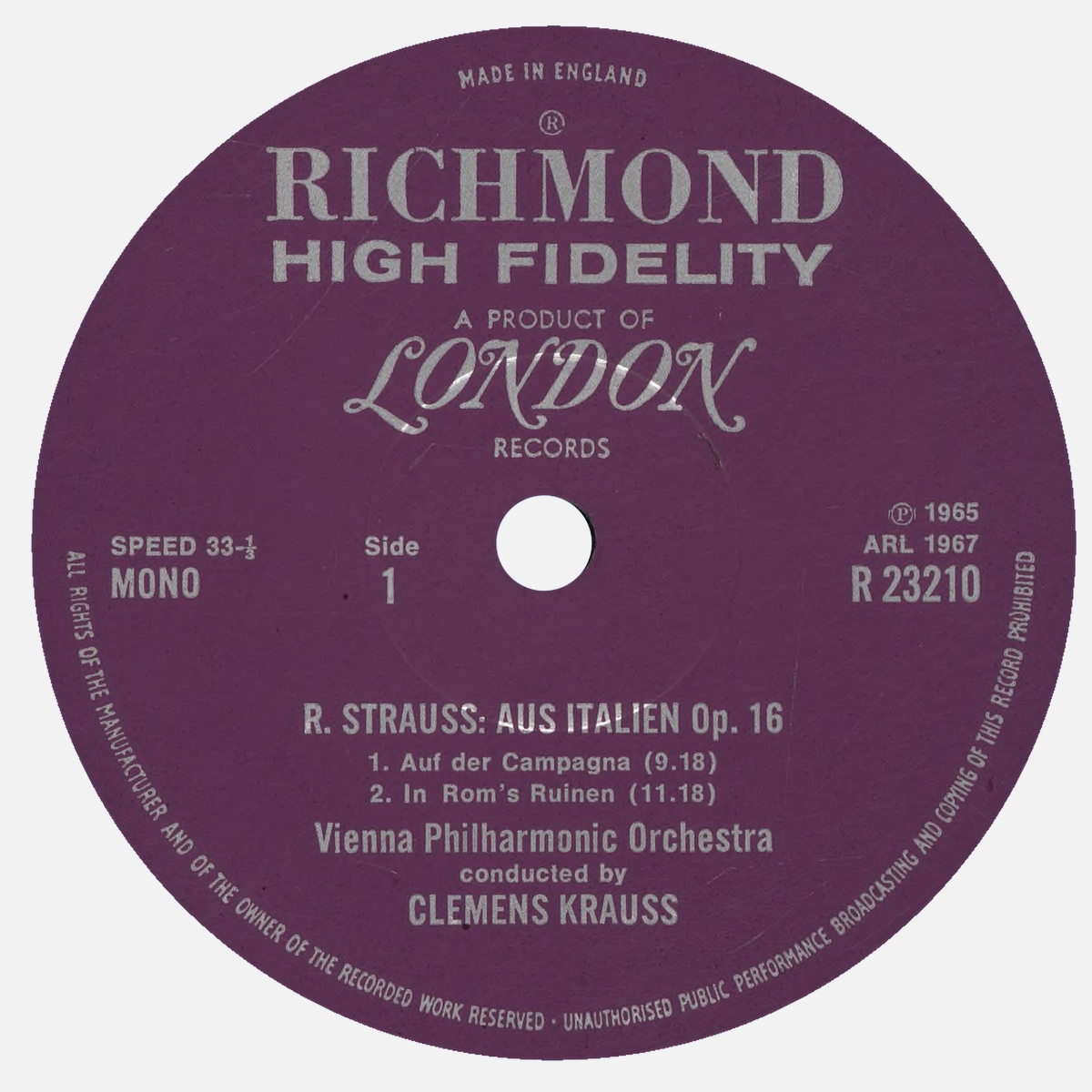 Étiquette recto du disque Decca LONDON R 23210