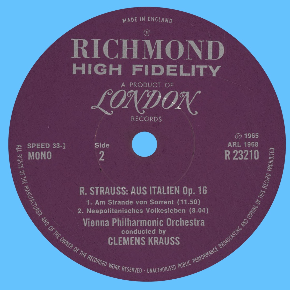 Étiquette verso du disque Decca LONDON R 23210
