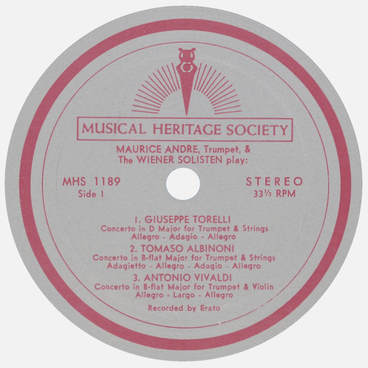 Étiquette recto du disque Musical Heritage Socienty Inc. MHS 1189