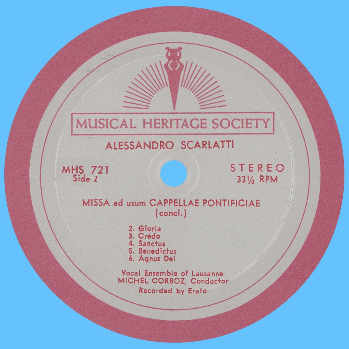 Étiquette verso du disque „The Musical Heritage Society Inc.“ MHS 721