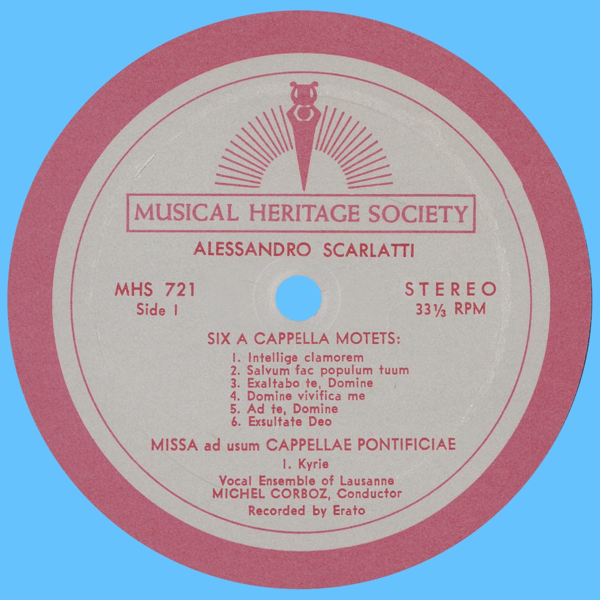 Étiquette recto du disque „The Musical Heritage Society Inc.“ MHS 721