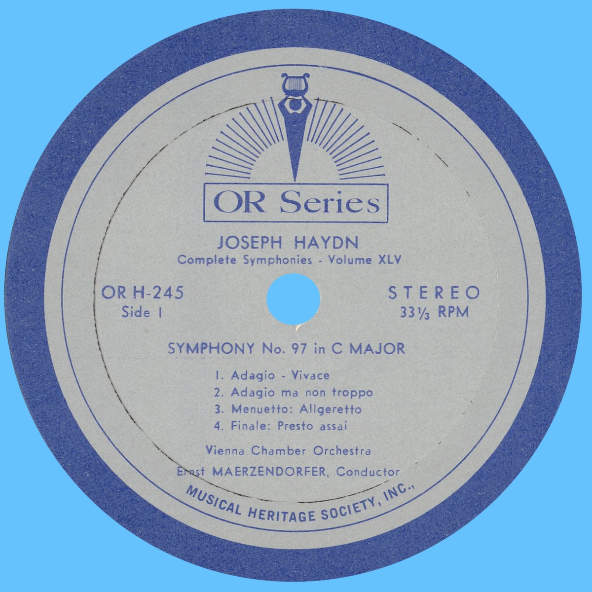 Étiquette recto du disque «The Musical Heritage Society Inc.» MHS OR 245