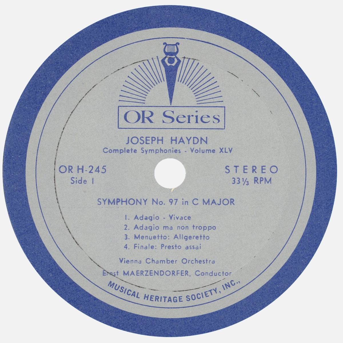 Étiquette recto du disque «The Musical Heritage Society Inc.» MHS OR 245