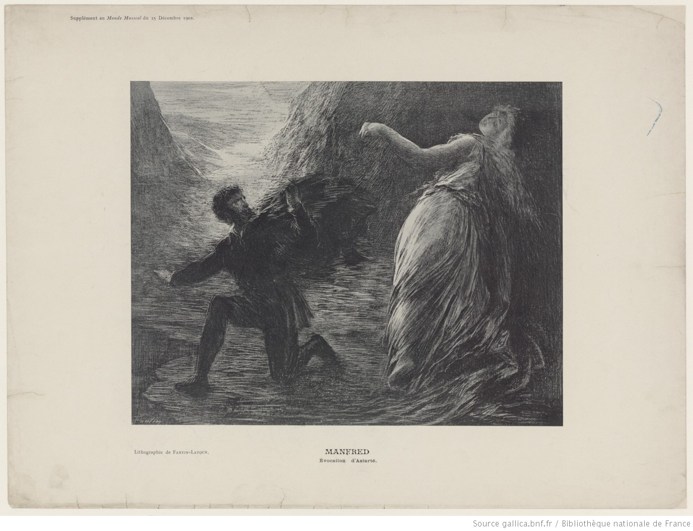 Manfred, évocation d'Astarté, lithographie de Henri Fantin-Latour, 1902, Format: 1 impression photomécanique; 19 x 24 cm (tr. c.), Droits: domaine public, ID ark:/12148/btv1b84248708, Bibliothèque nationale de France, Cliquer sur la photo pour voir l'0rigonal et ses références