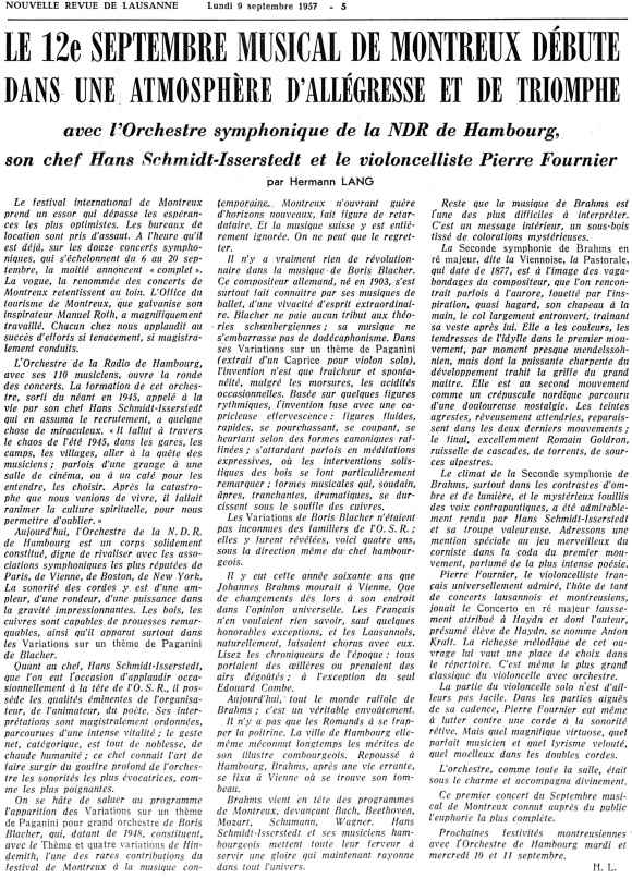 Festival de Montreux 6 septembre 1957, commentaire de Hermann LANG publié dans la «Nouvelle Revue de Lausanne» du 9 septembre 1957 en page 5