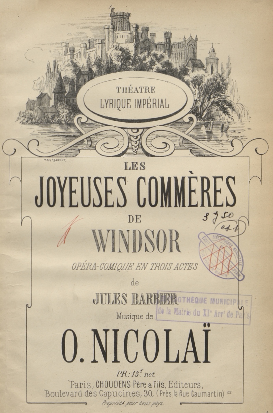 Otto Nicolai, Les Joyeuses commères de Windsor, Réduction: piano-chant, Paris: Choudens, [ca 1867]