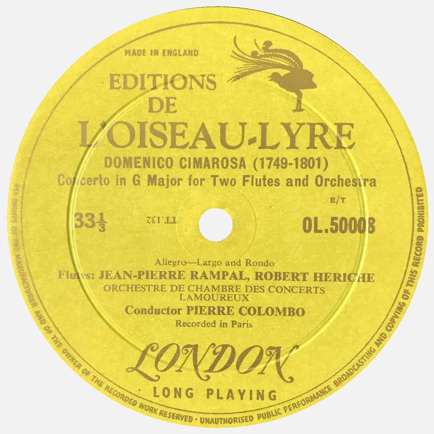 Étiquette recto du disque Oiseau-Lyre OL 50008