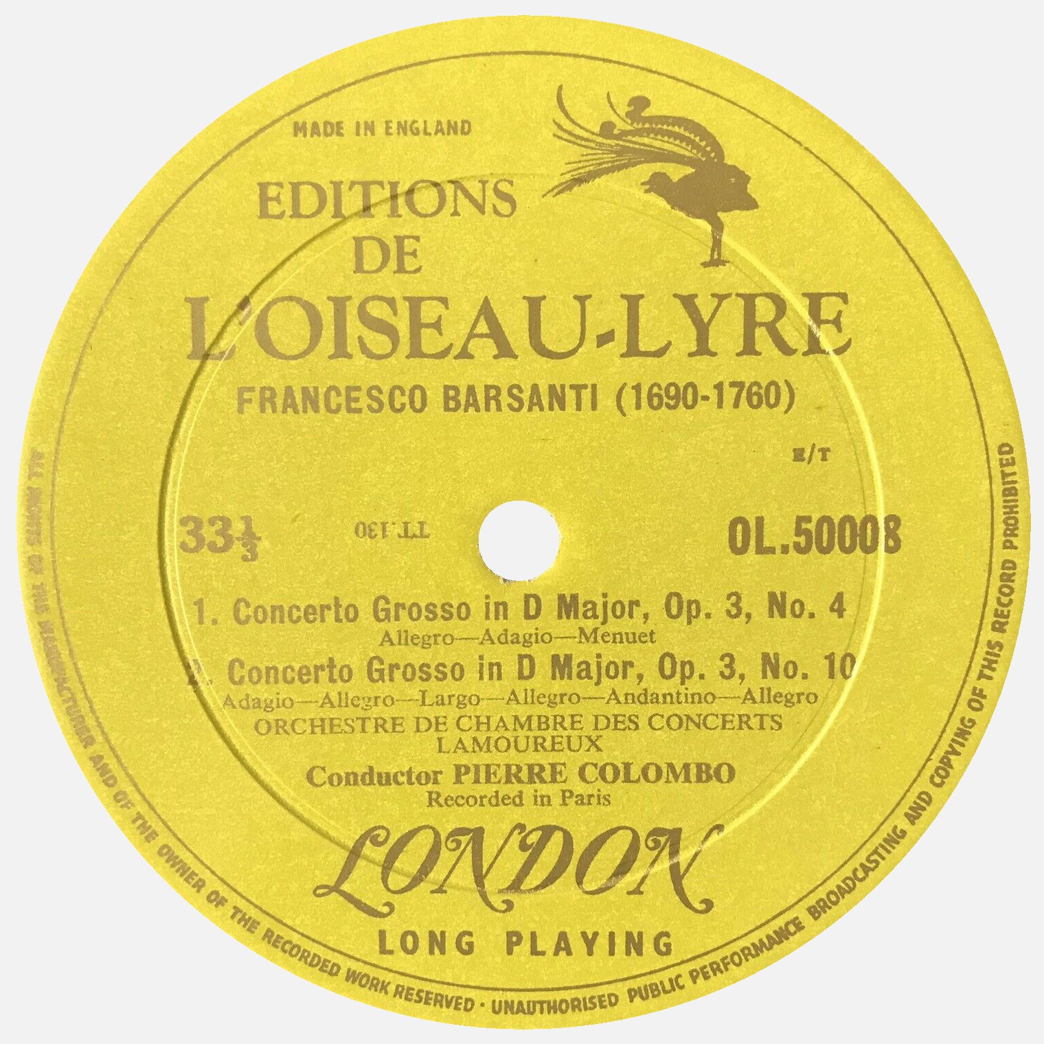 Étiquette verso du disque Oiseau-Lyre OL 50008