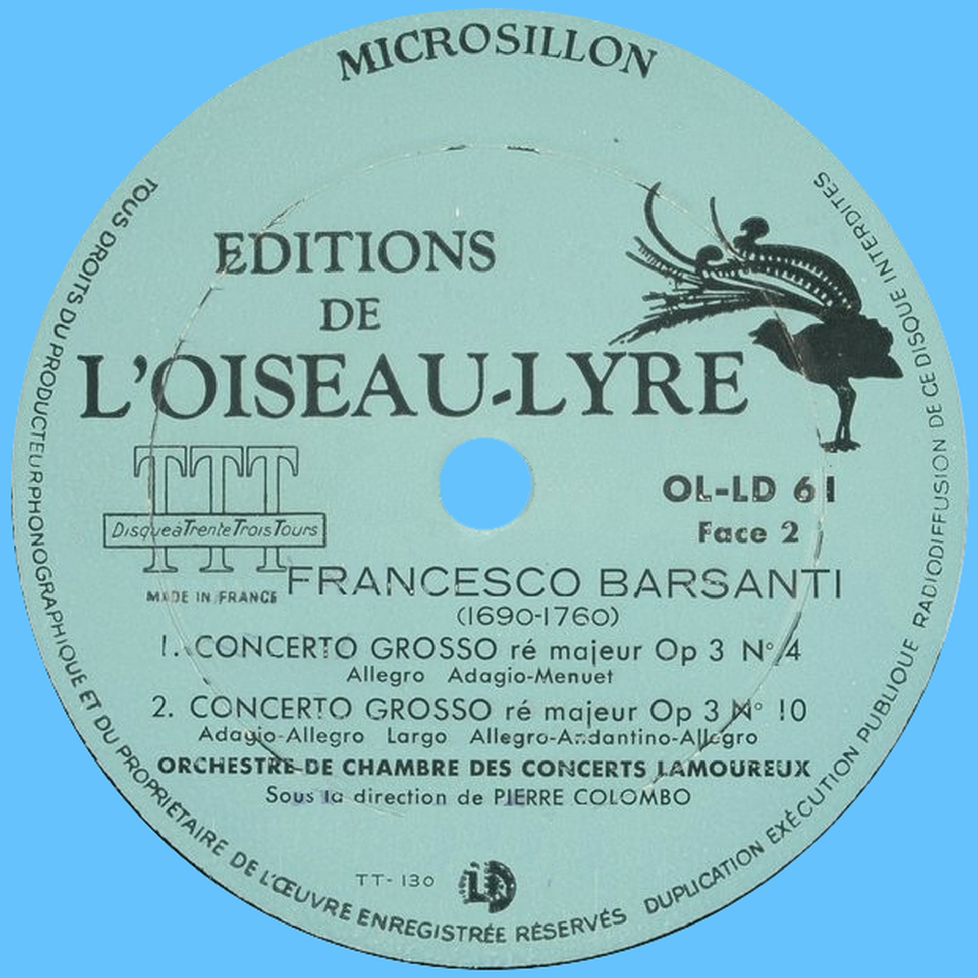 Étiquette verso du disque Oiseau-Lyre OL-LD-61