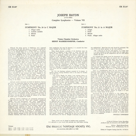 Verso de la pochette du disque Musical Heritage Society, OR Series, OR H-207