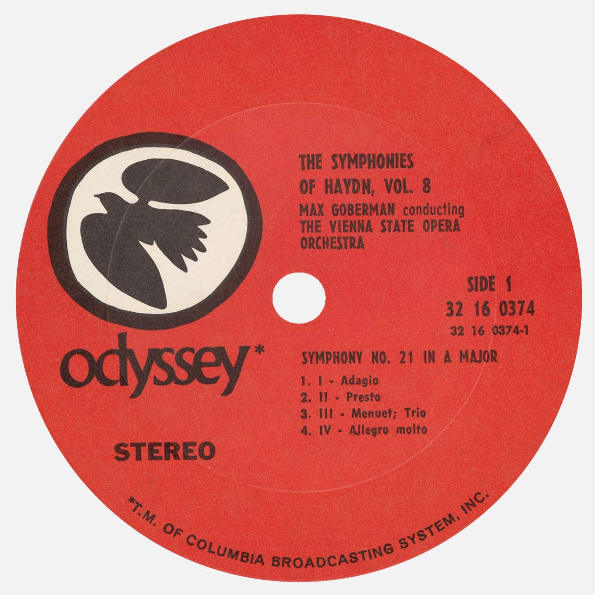 Étiquette recto du disque Columbia ODYSSEY 32 16 0374