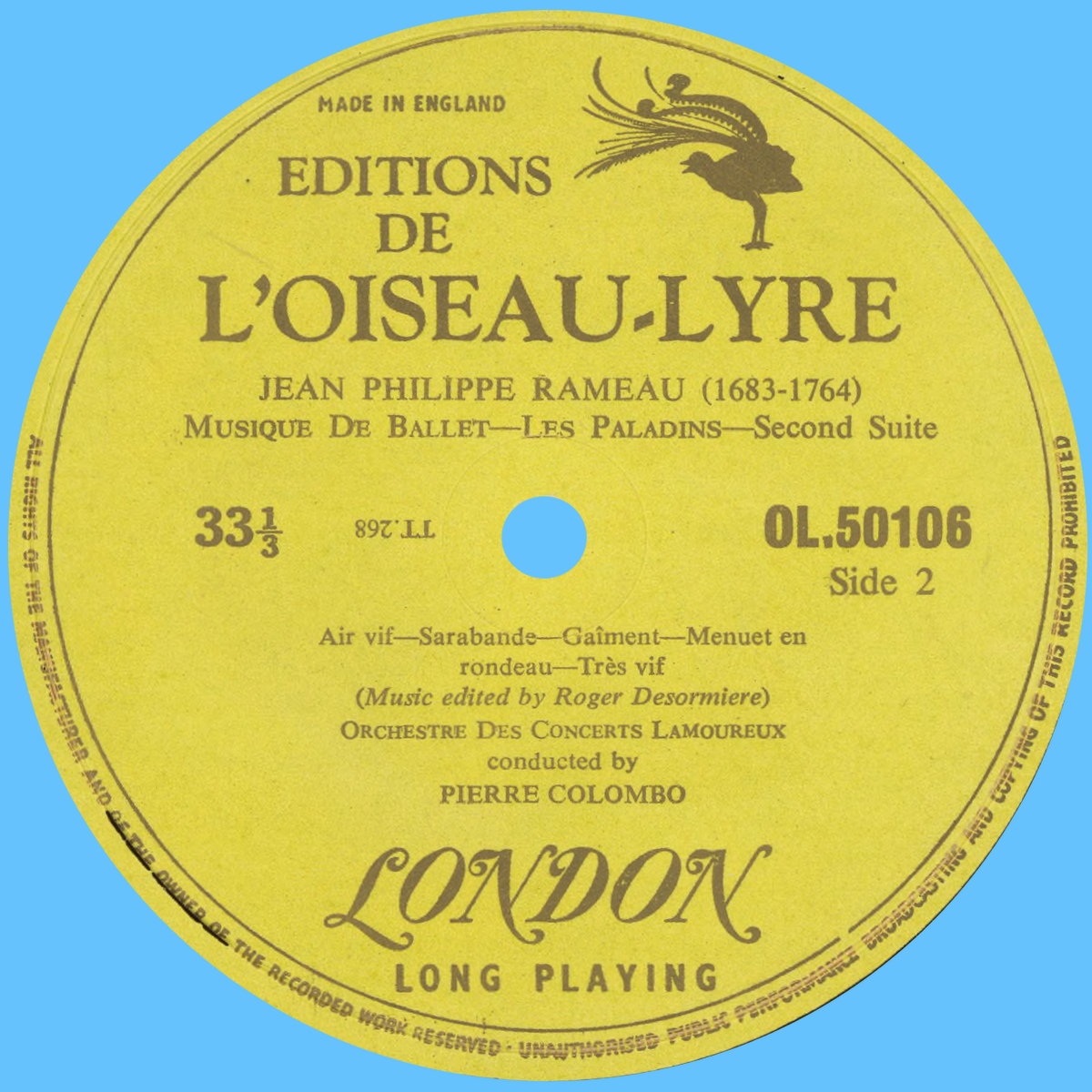 Verso de la pochette du disque Oiseau-Lyre OL 50106