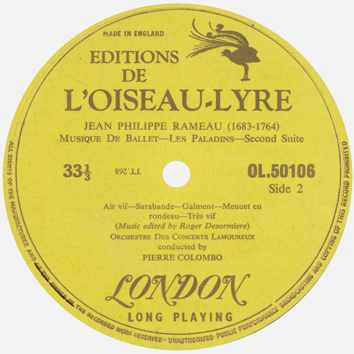 Étiquette verso du disque Oiseau-Lyre OL 50106