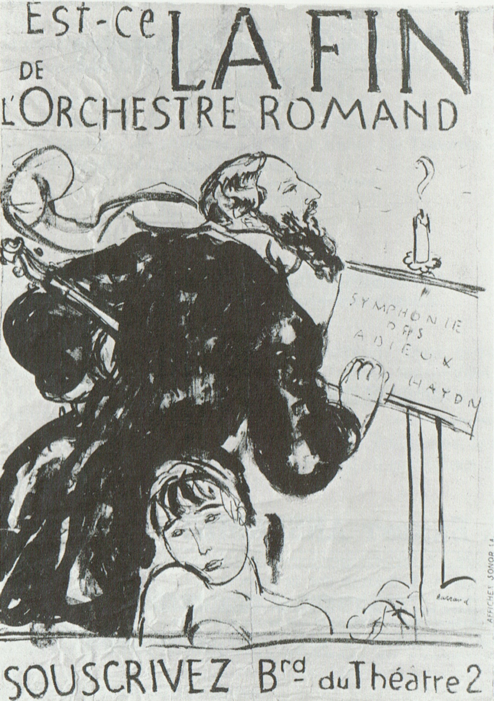 Extrait d'une affiche humoristique montrant Ernest Ansermet soufflant une bougie, de Maurice Barraud, non datée, Cliquer sur la photo pour l'original et ses références