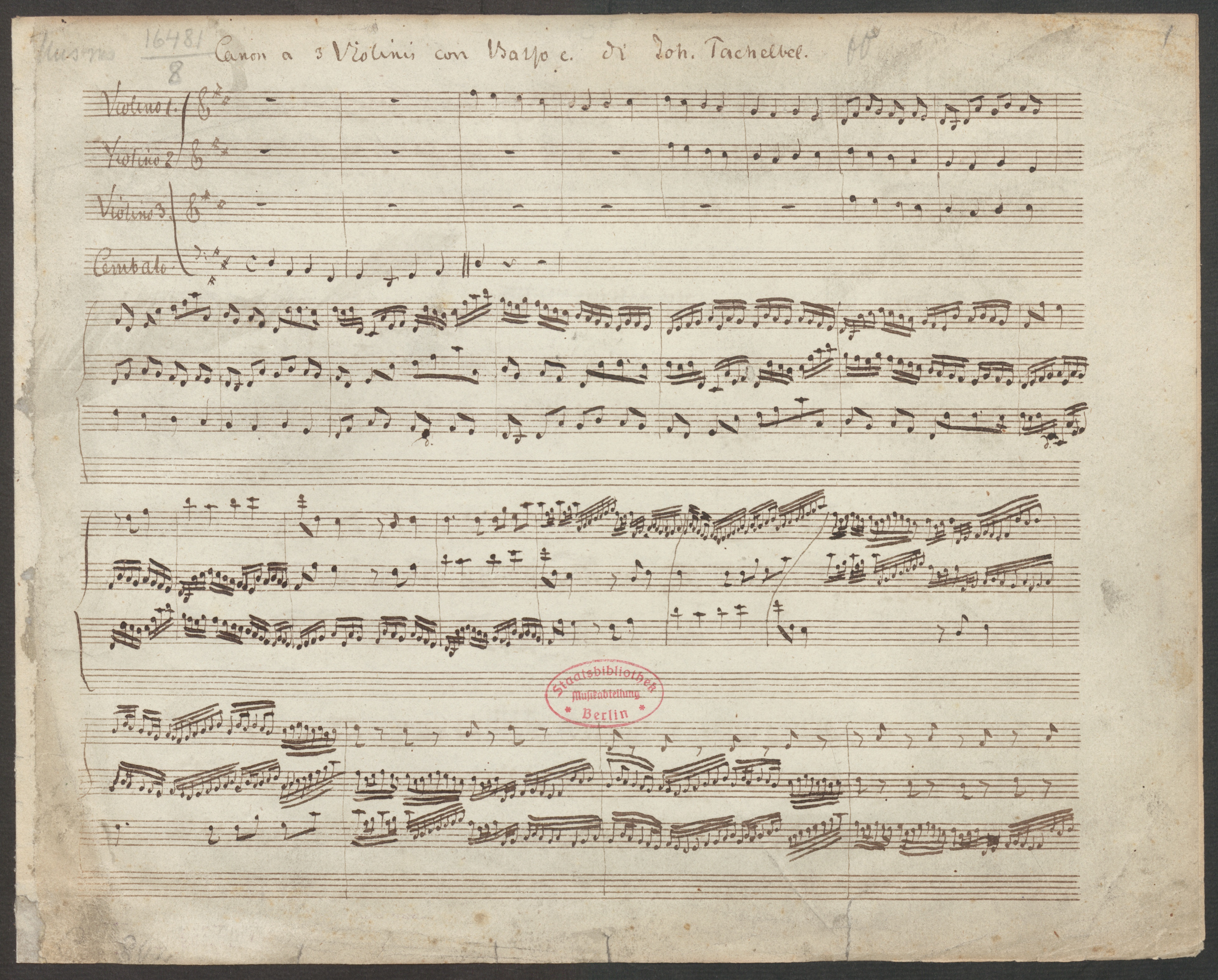 Partition manuscripte du Canon et Gigue de Pachelbel, Staatsbibliothek zu Berlin - Preußischer Kulturbesitz, Berlin, Cliquer sur la photo pour voir l'original et plus d'infos