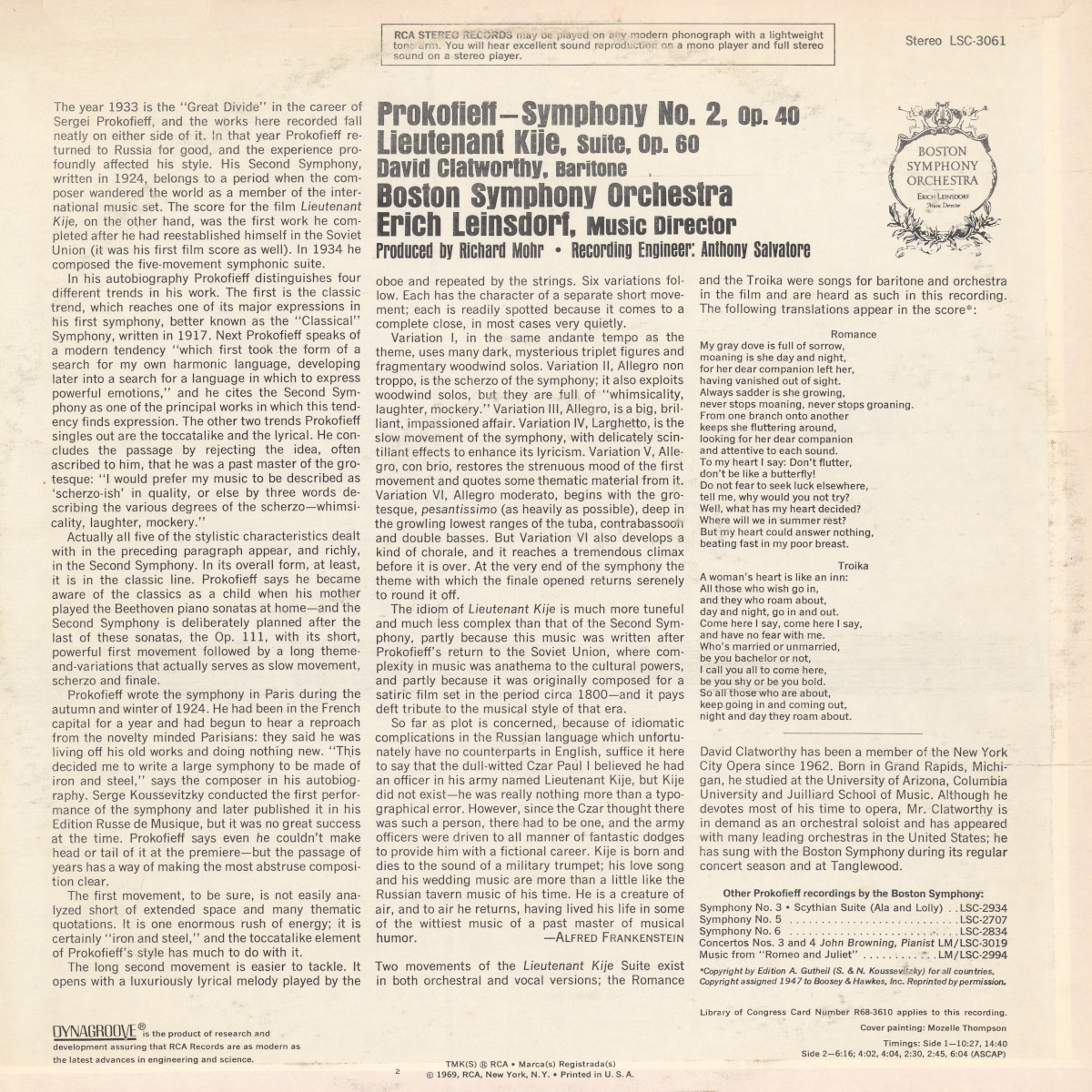 Verso de la pochette du disque RCA Red Seal LSC 3061