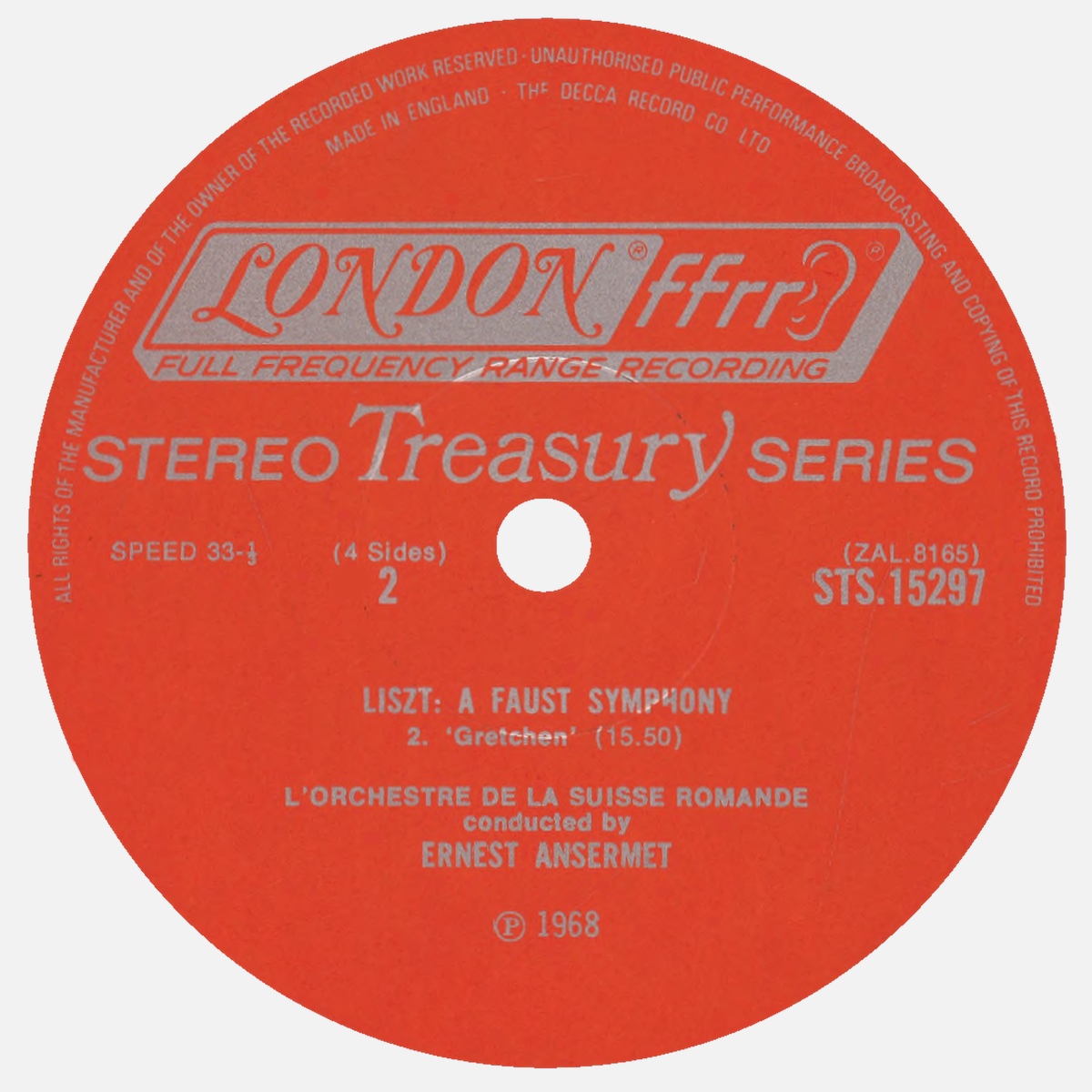 Étiquette verso du disque Decca STS 15296